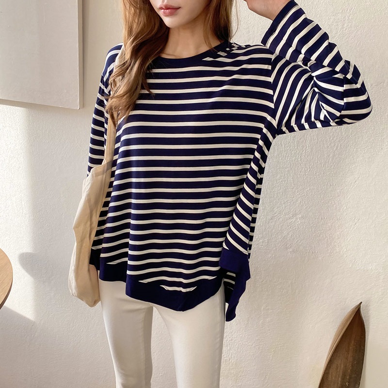 ラウンドネックルーズアンバランス長袖ボーダーTシャツ | 詳細画像11