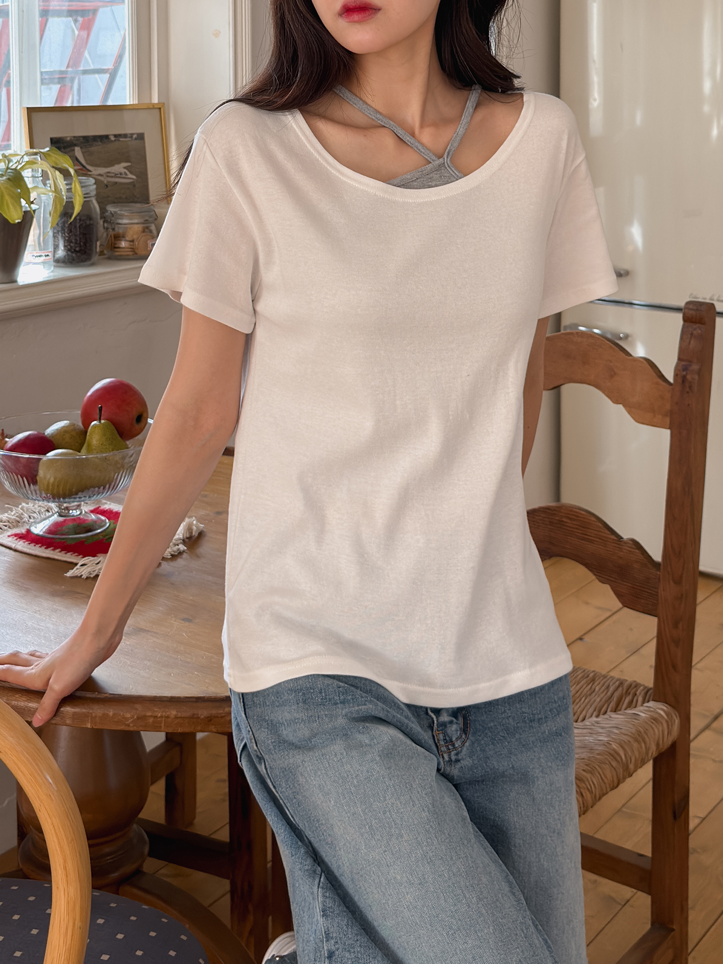 コットンボートネックワンショルダーシンプルベーシックルーズ半袖無地Tシャツ | 詳細画像2