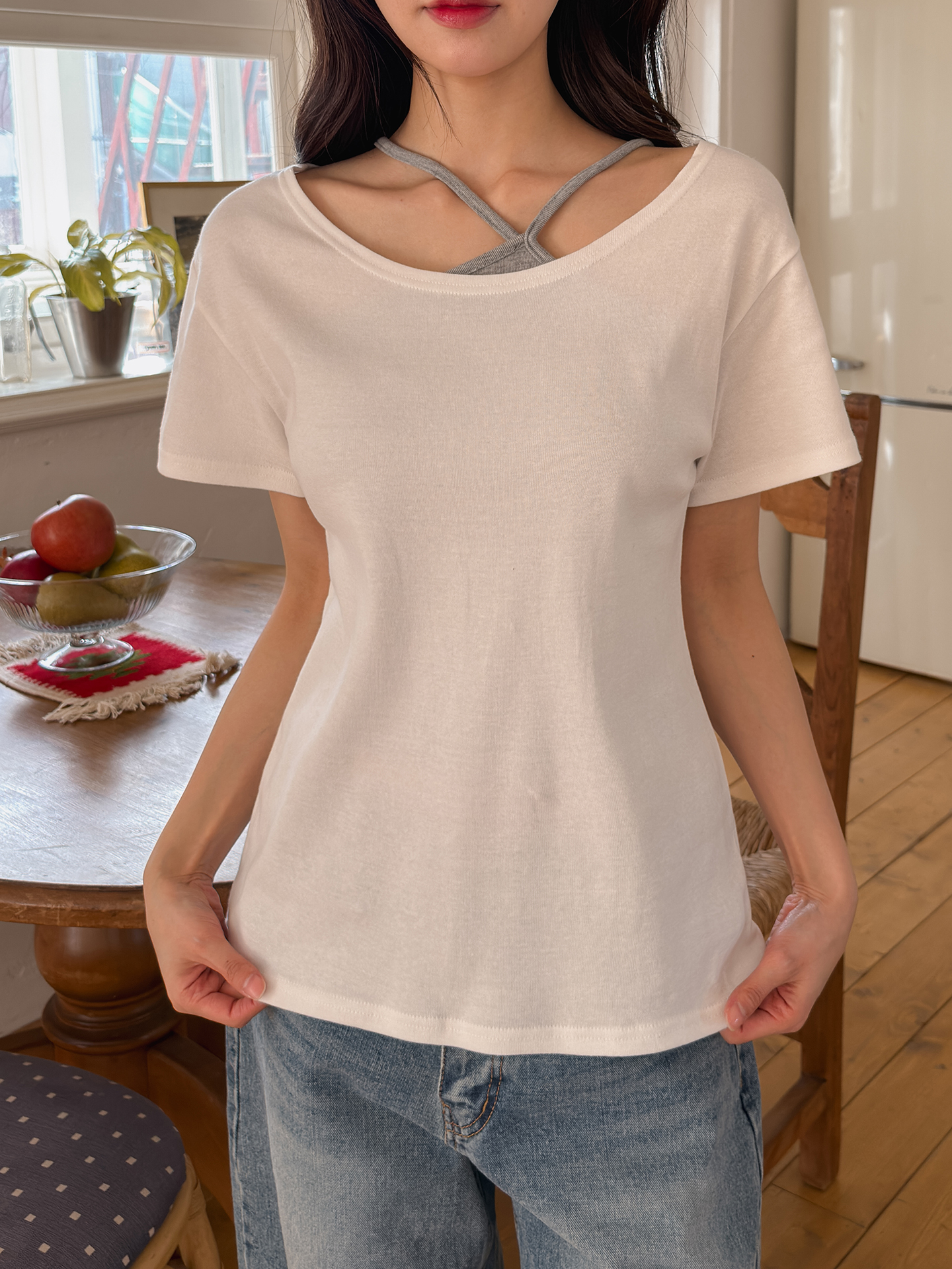 コットンボートネックワンショルダーシンプルベーシックルーズ半袖無地Tシャツ | 詳細画像4