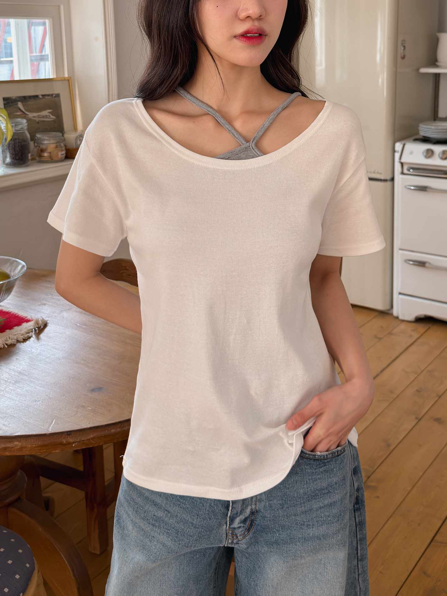 コットンボートネックワンショルダーシンプルベーシックルーズ半袖無地Tシャツ | 詳細画像8