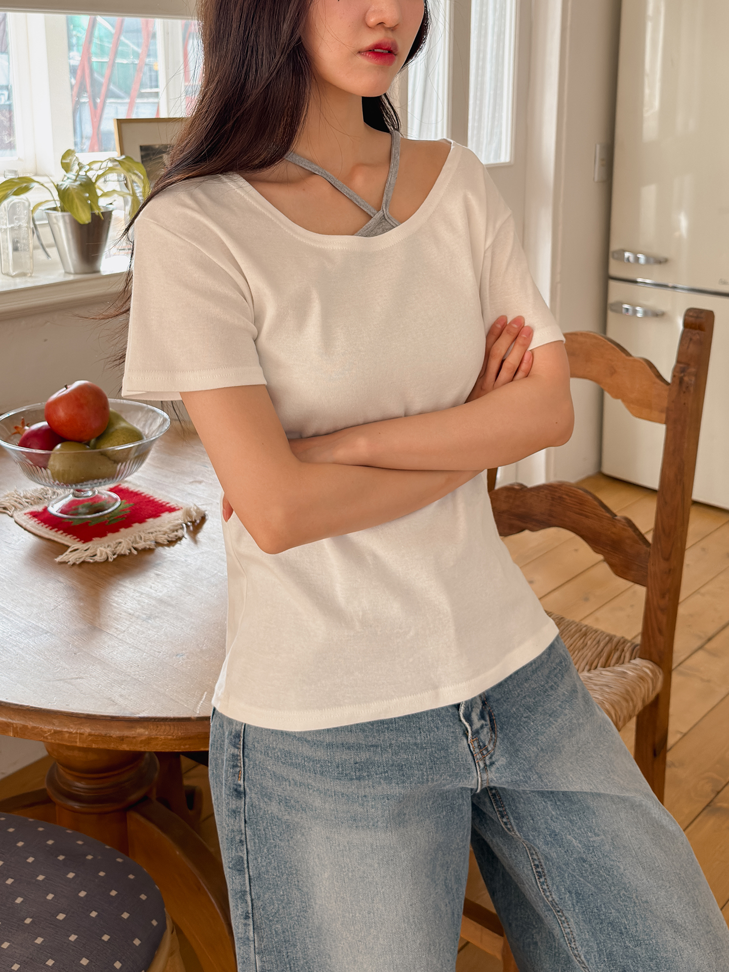 コットンボートネックワンショルダーシンプルベーシックルーズ半袖無地Tシャツ | 詳細画像9