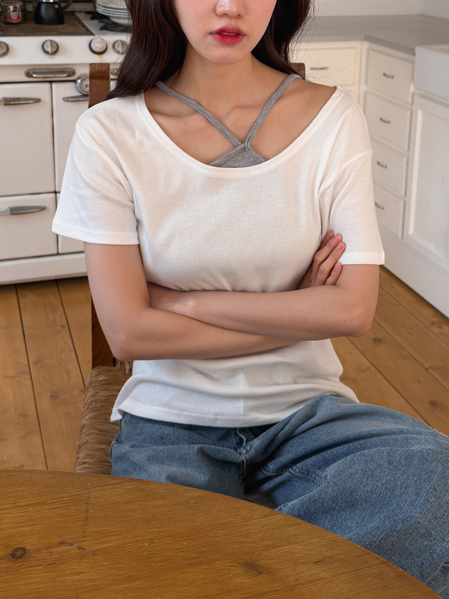 コットンボートネックワンショルダーシンプルベーシックルーズ半袖無地Tシャツ | 詳細画像10