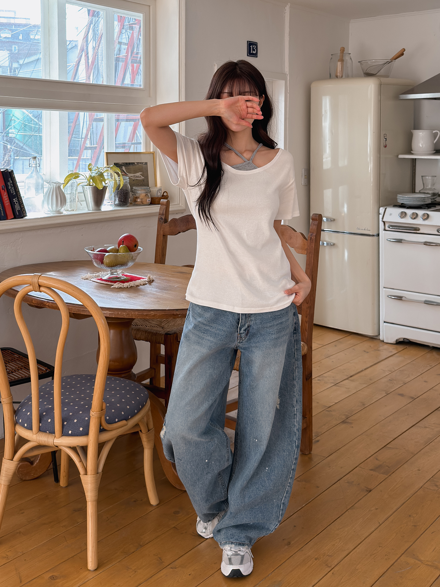 コットンボートネックワンショルダーシンプルベーシックルーズ半袖無地Tシャツ | 詳細画像13