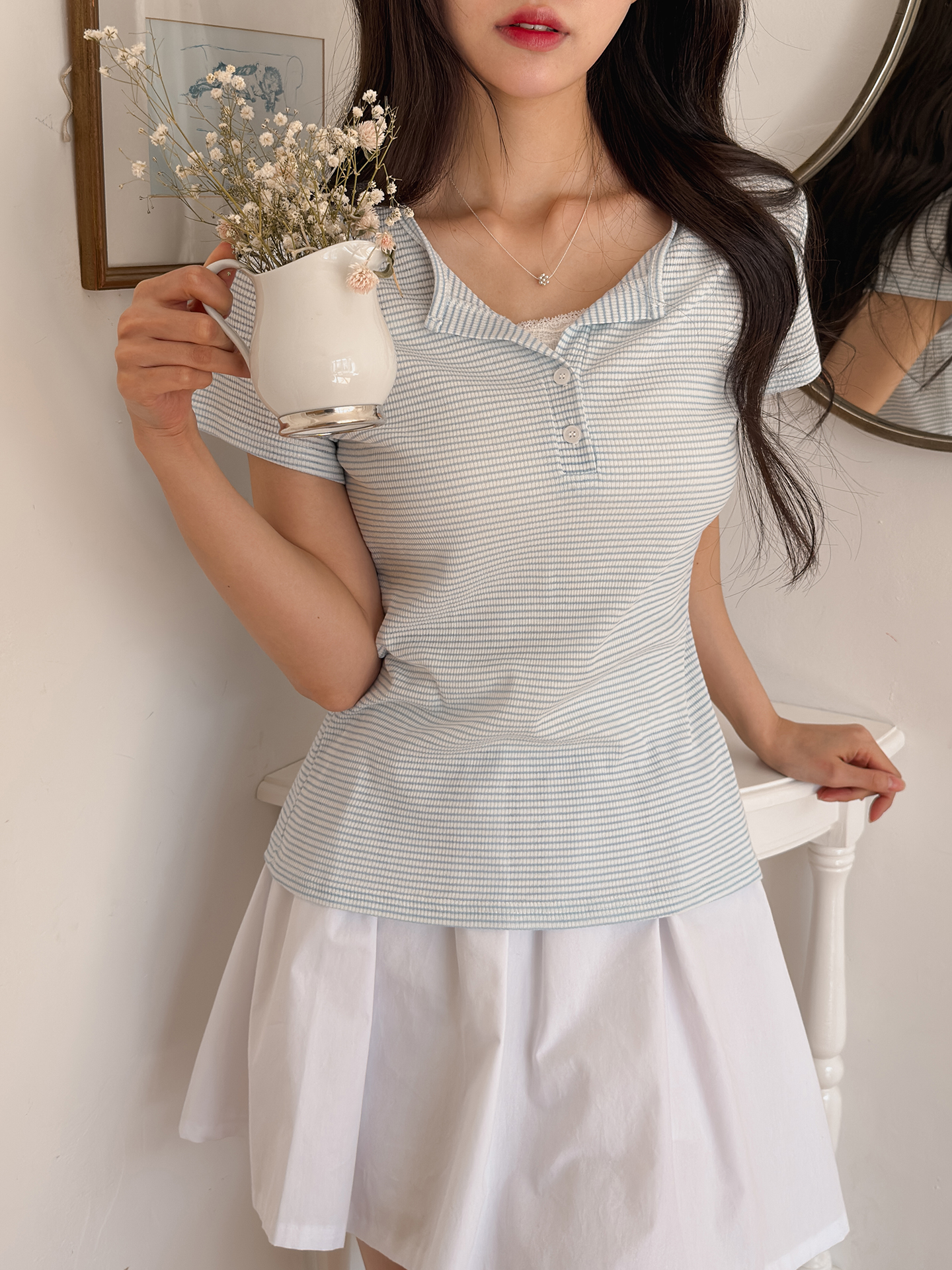 ボタンヘンリーネック半袖ボーダーTシャツ | 詳細画像2