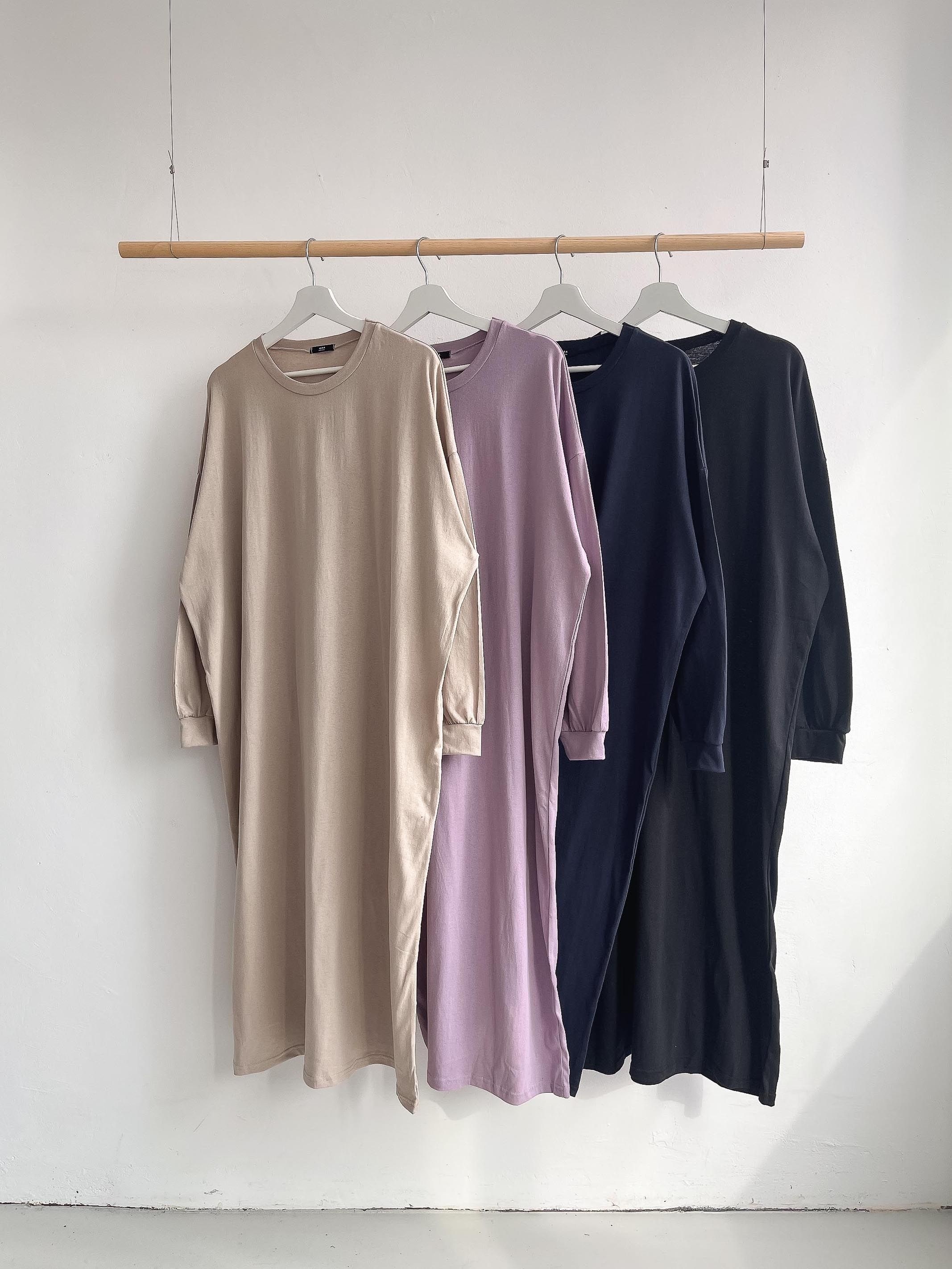 コットンラウンドネックベーシックロング長袖無地ワンピース | 詳細画像2