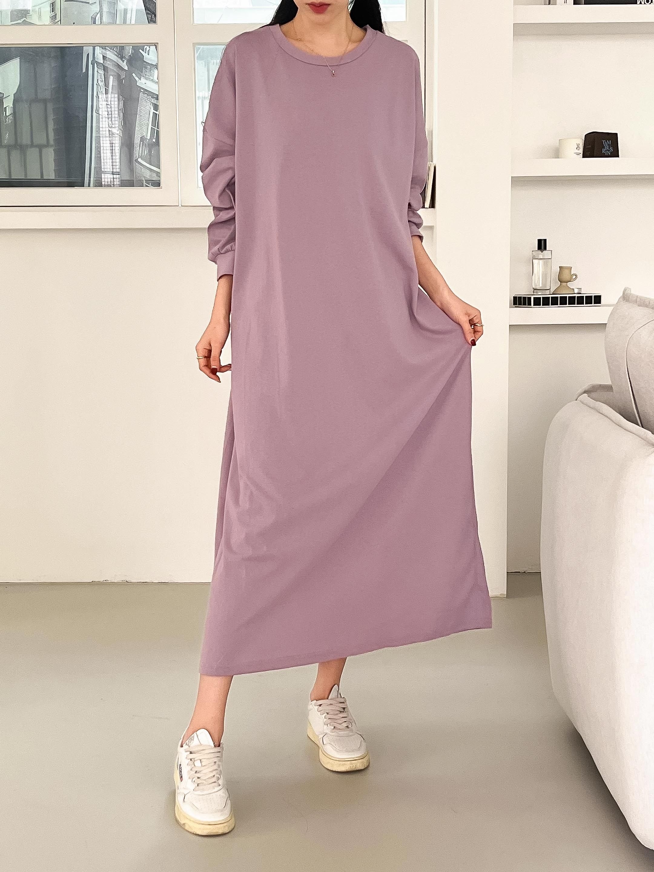コットンラウンドネックベーシックロング長袖無地ワンピース | 詳細画像3