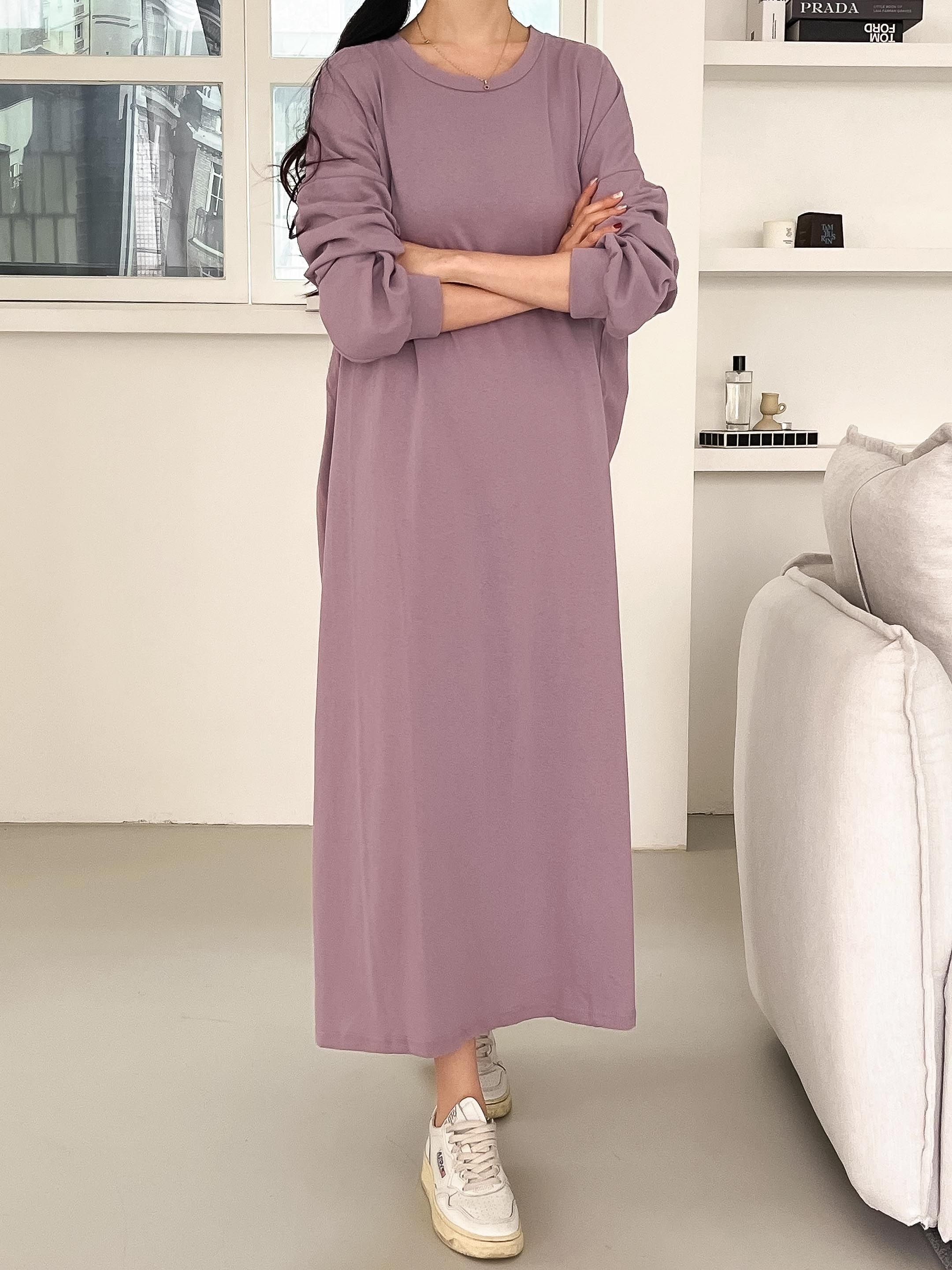 コットンラウンドネックベーシックロング長袖無地ワンピース | 詳細画像4
