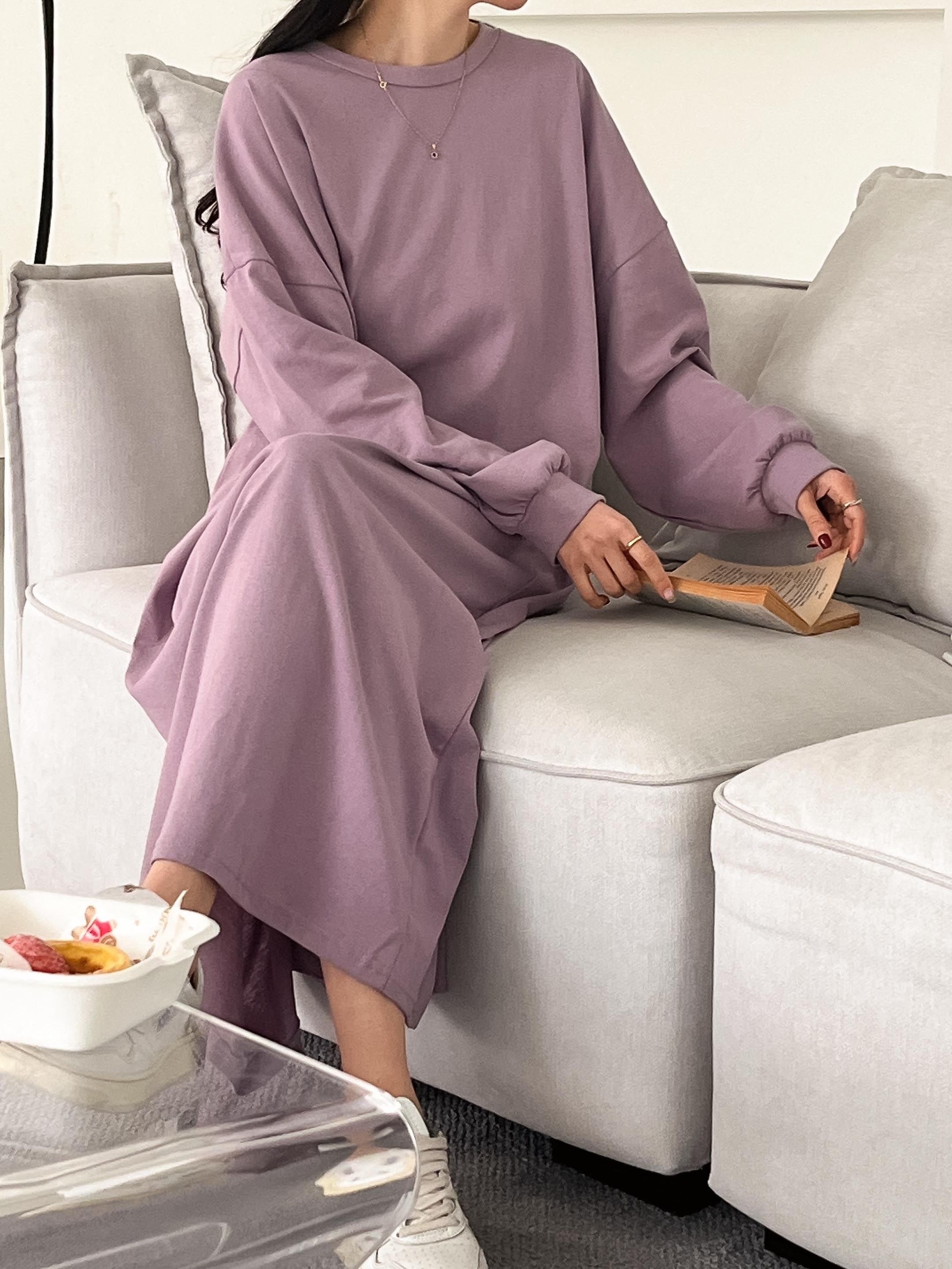 コットンラウンドネックベーシックロング長袖無地ワンピース | 詳細画像5