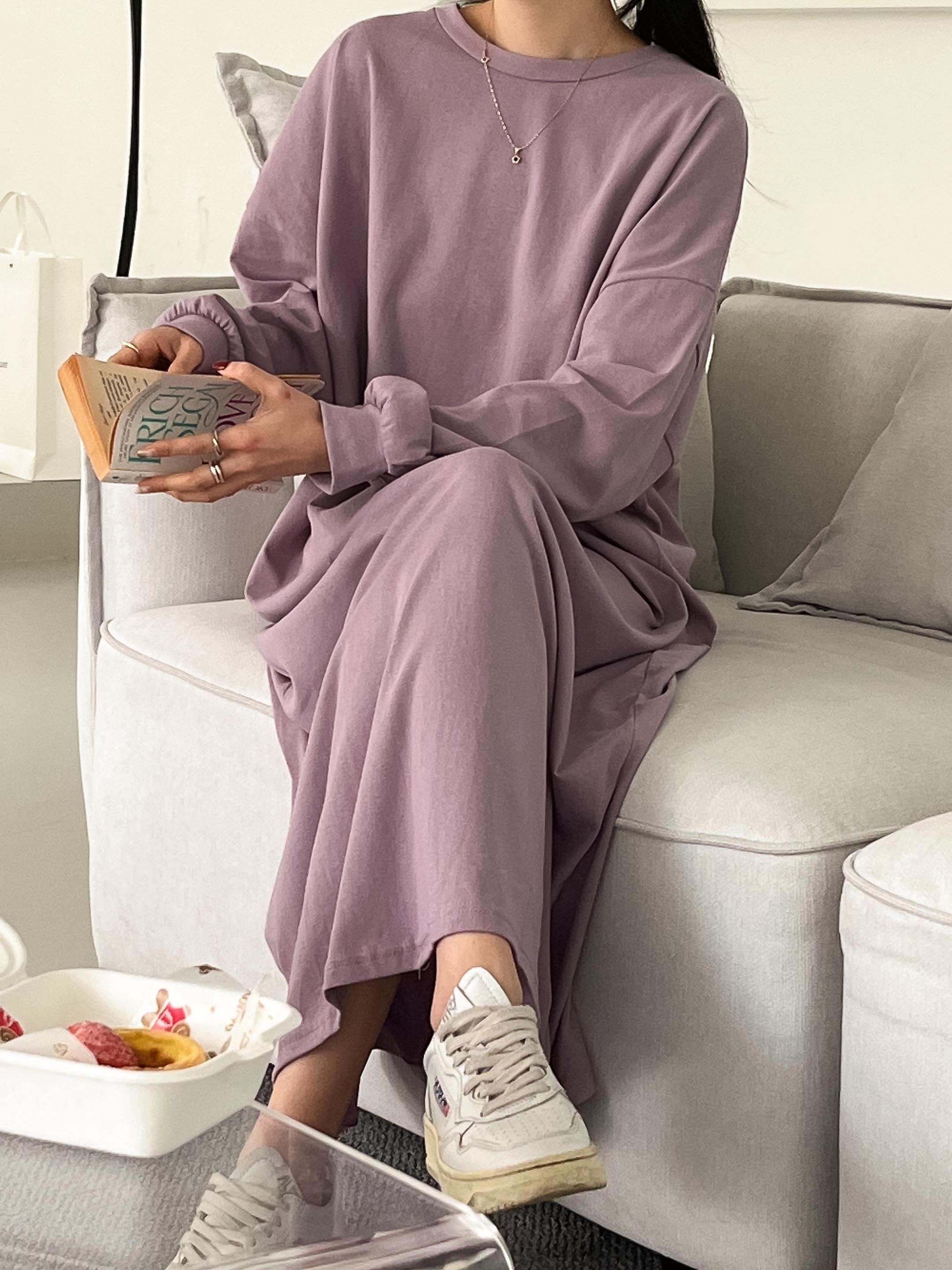 コットンラウンドネックベーシックロング長袖無地ワンピース | 詳細画像6