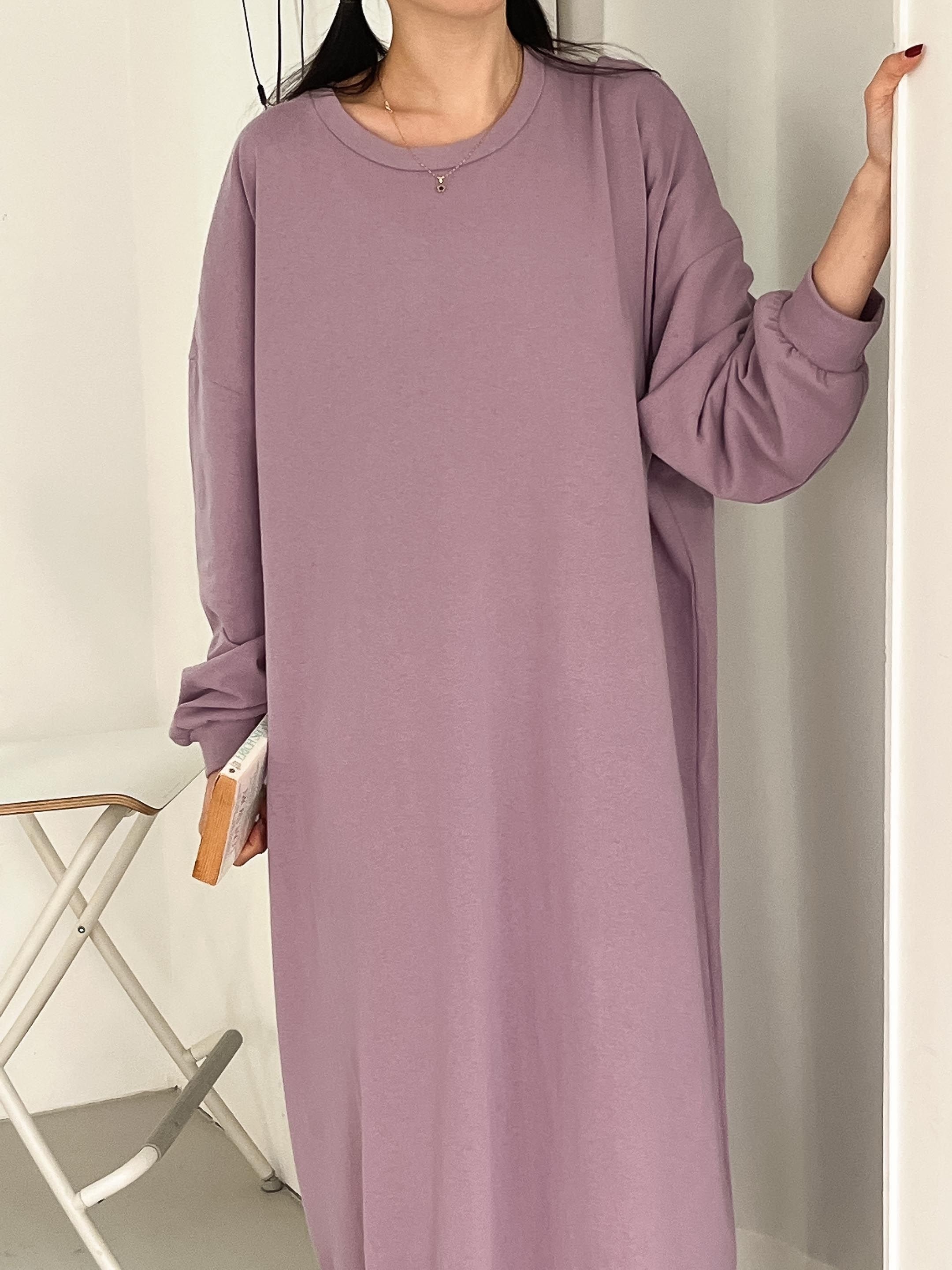 コットンラウンドネックベーシックロング長袖無地ワンピース | 詳細画像7