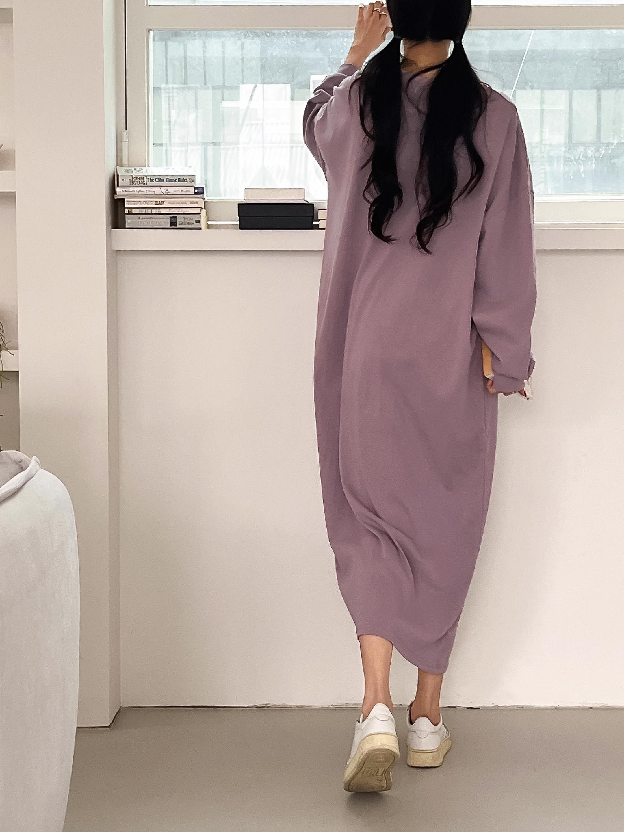 コットンラウンドネックベーシックロング長袖無地ワンピース | 詳細画像9