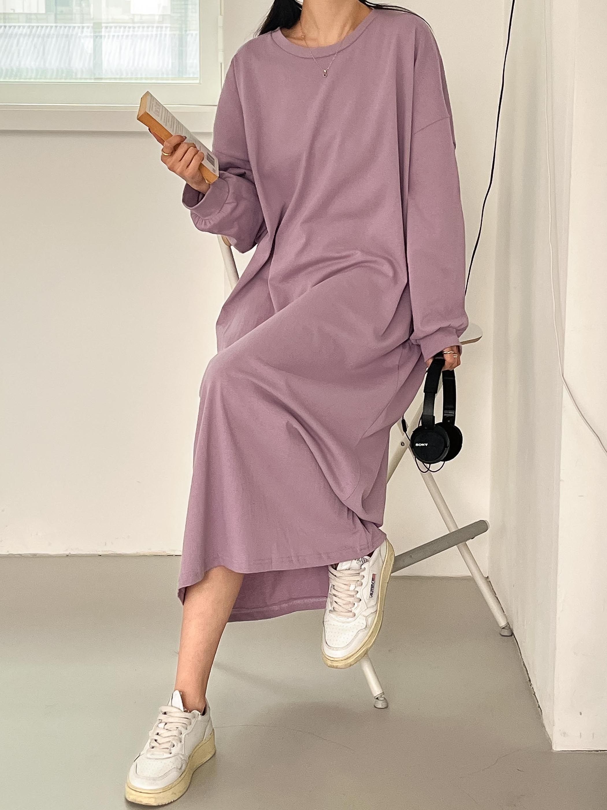 コットンラウンドネックベーシックロング長袖無地ワンピース | 詳細画像10