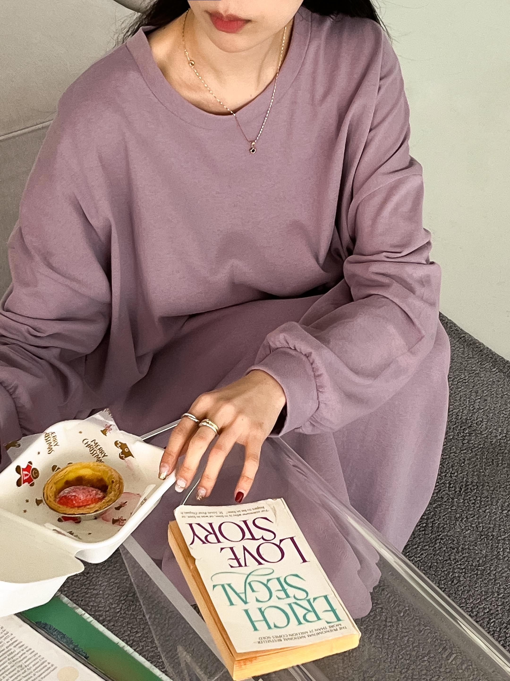 コットンラウンドネックベーシックロング長袖無地ワンピース | 詳細画像11