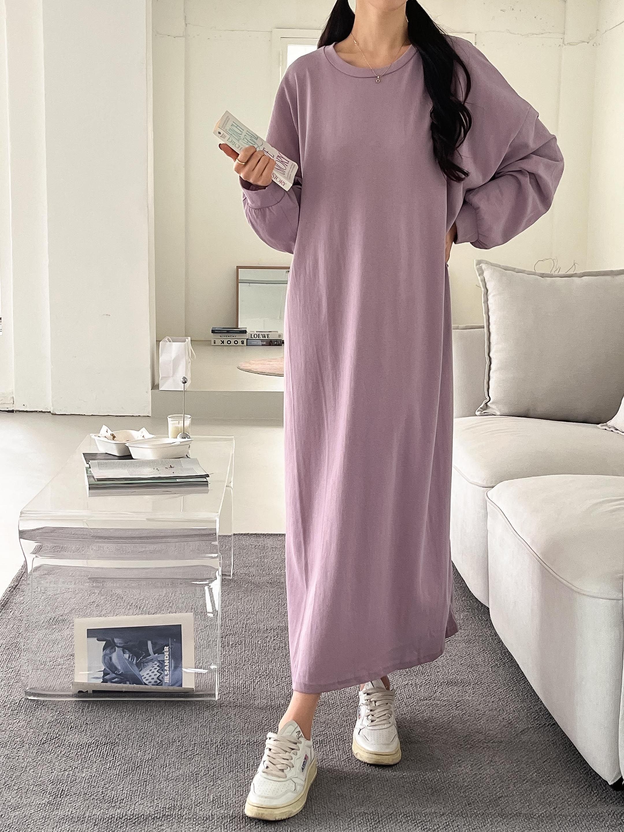 コットンラウンドネックベーシックロング長袖無地ワンピース | 詳細画像14