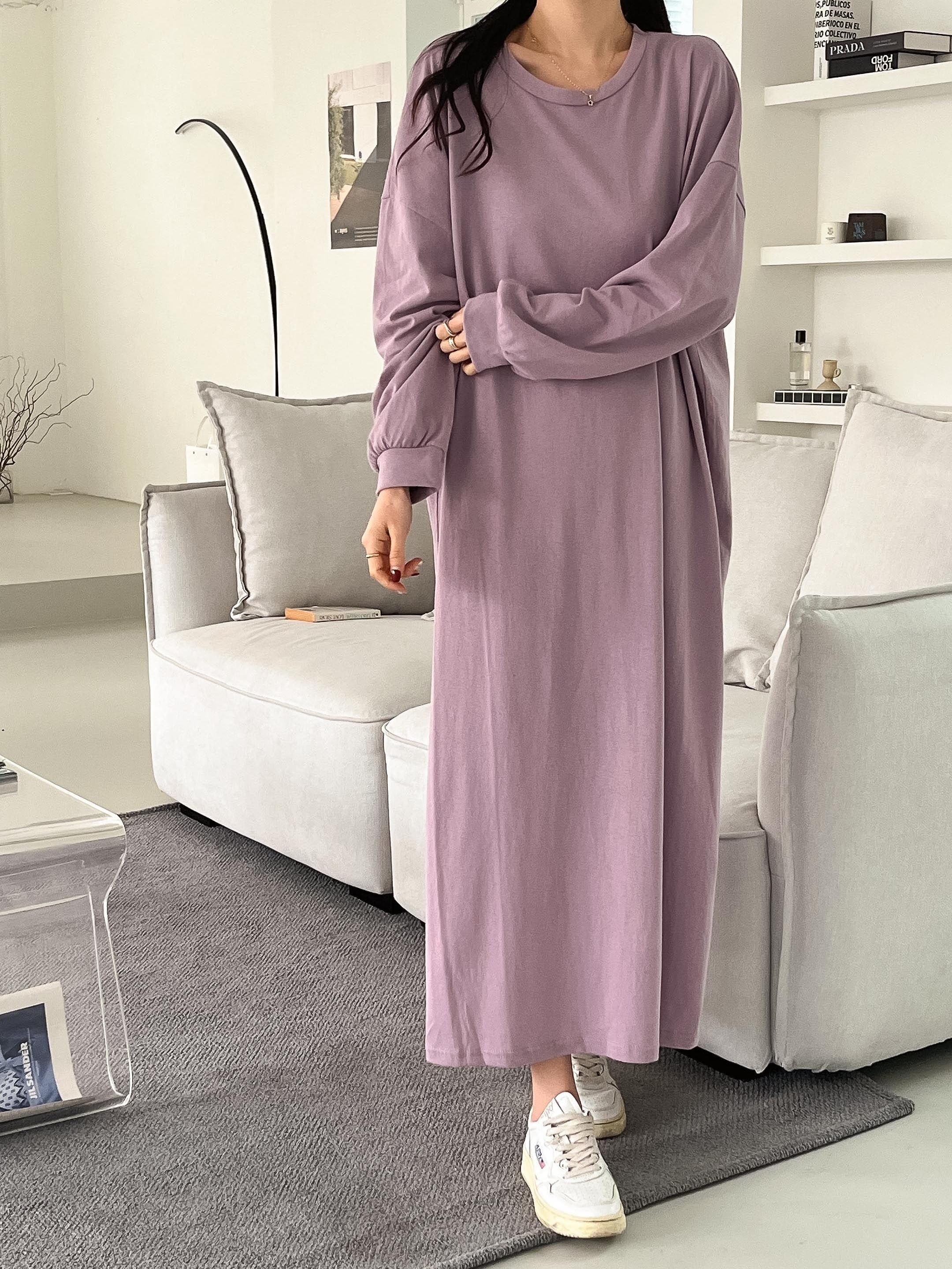 コットンラウンドネックベーシックロング長袖無地ワンピース | 詳細画像13