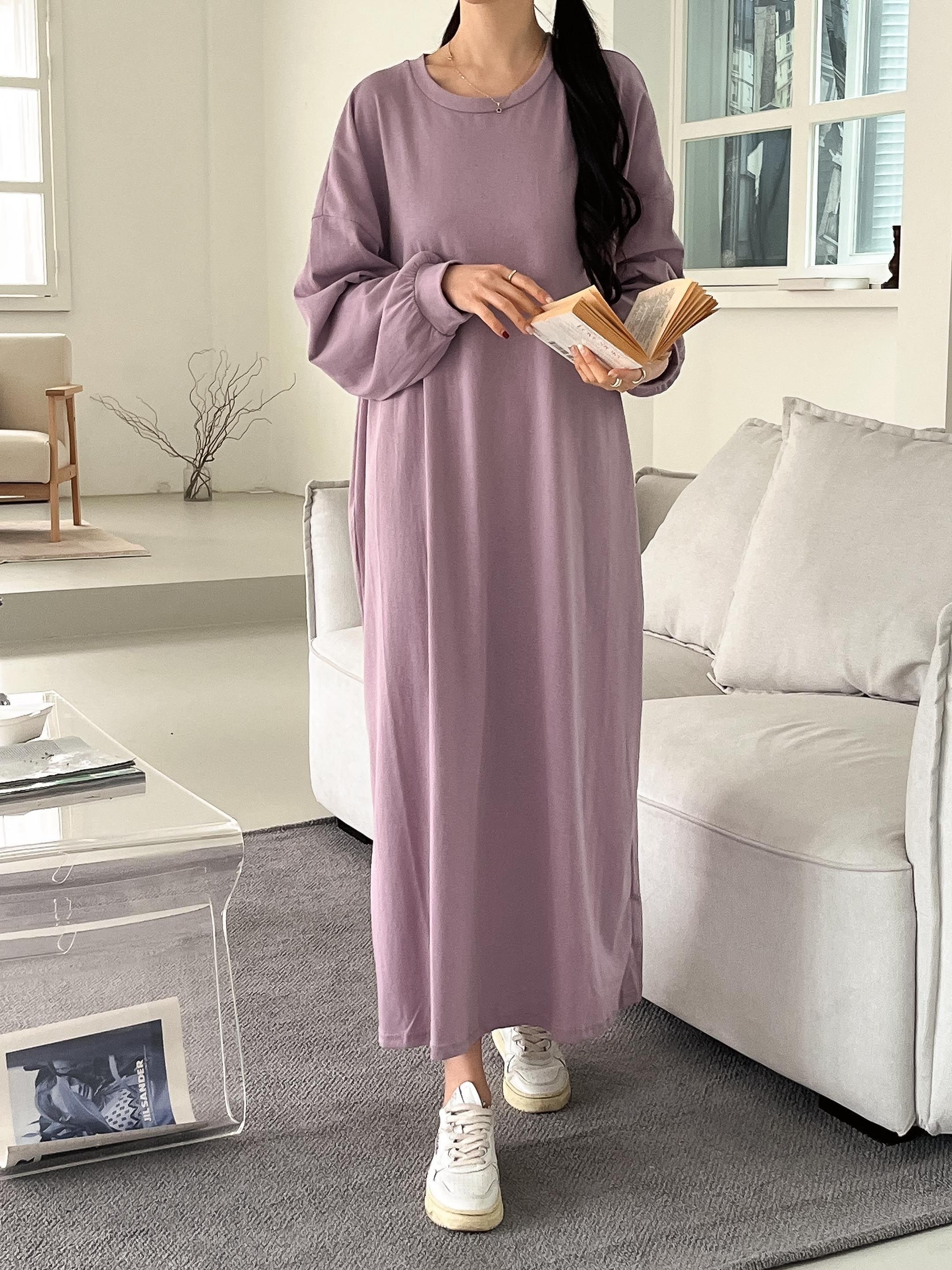 コットンラウンドネックベーシックロング長袖無地ワンピース | 詳細画像15