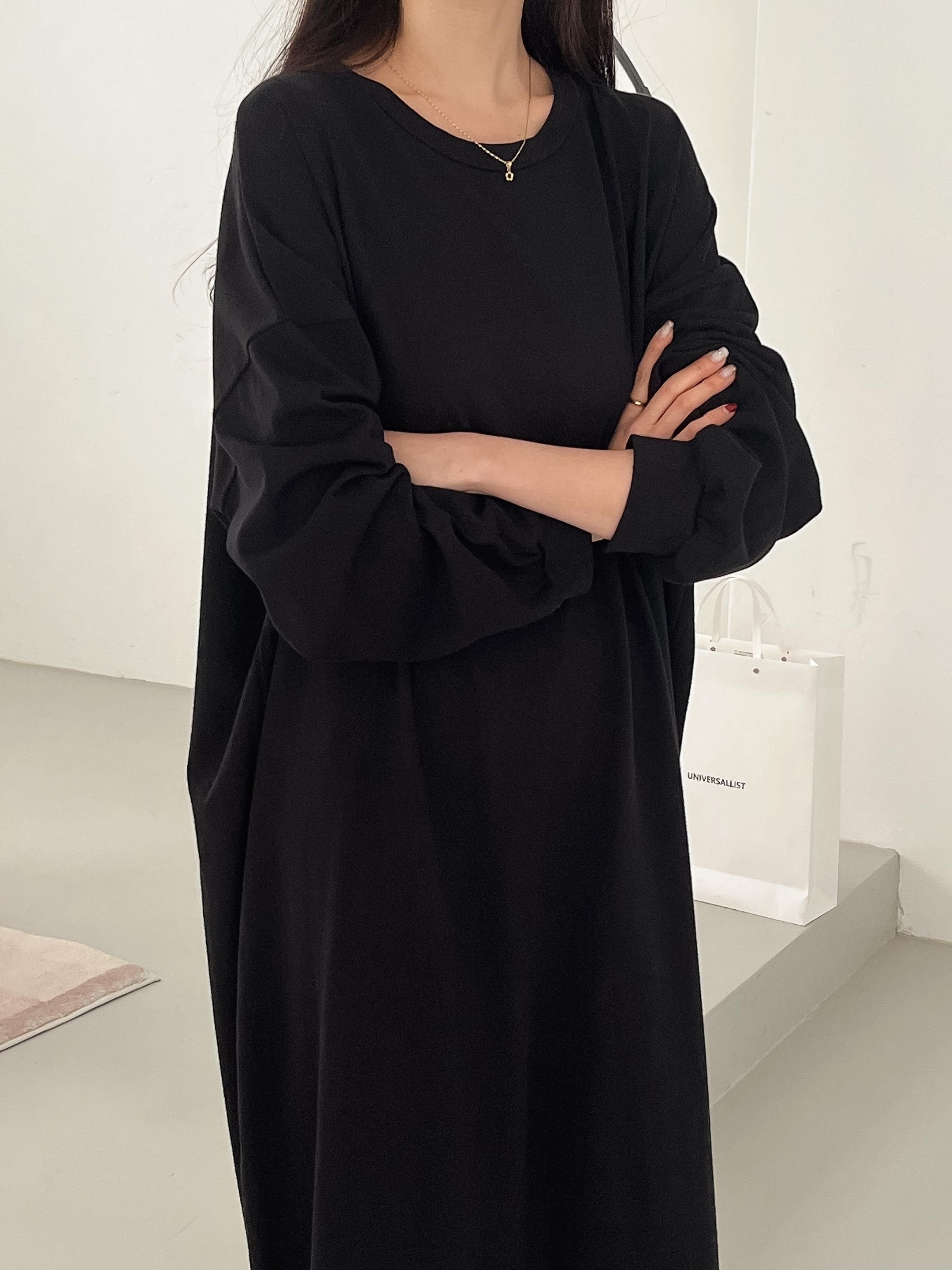 コットンラウンドネックベーシックロング長袖無地ワンピース | 詳細画像22