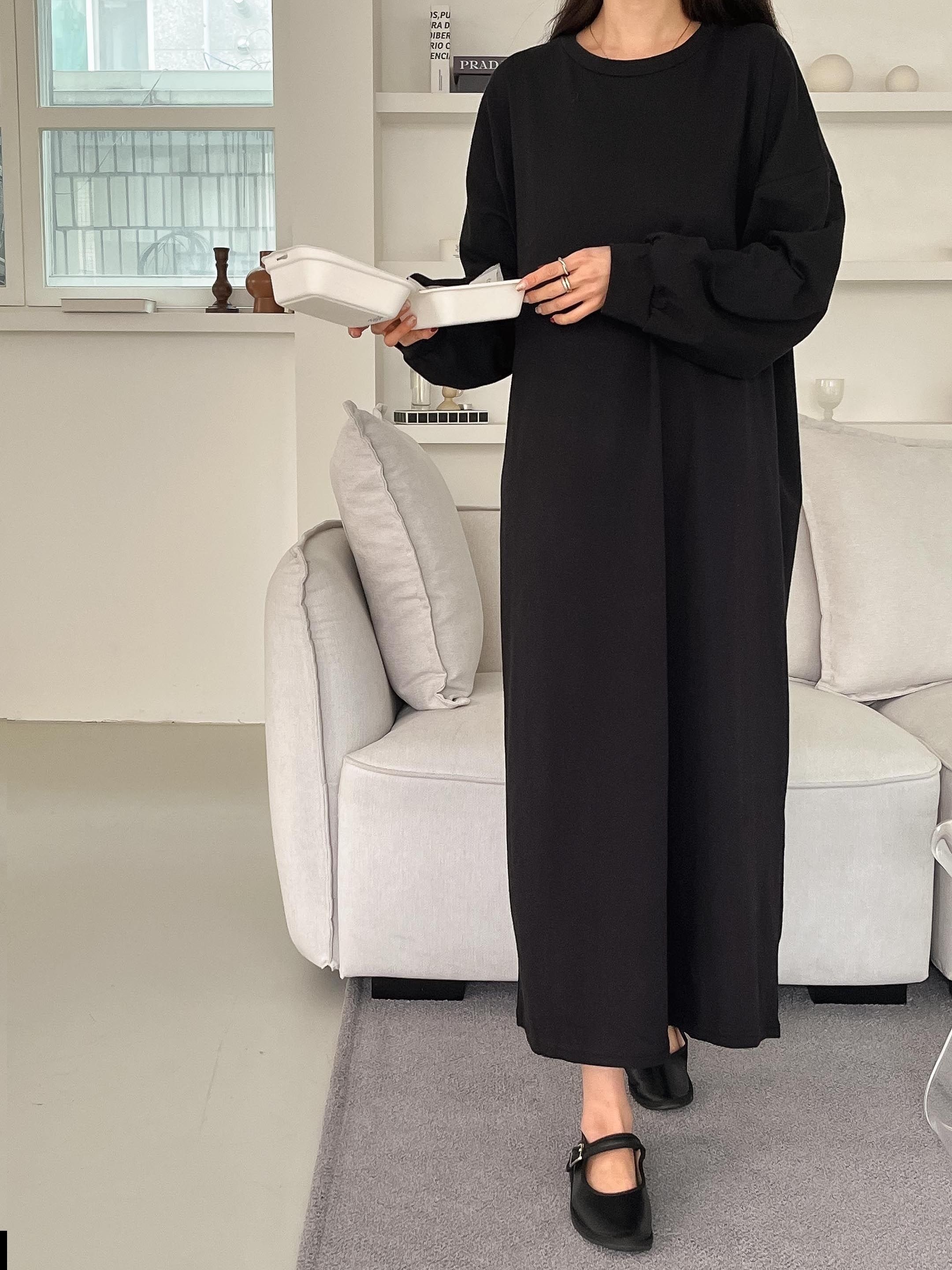 コットンラウンドネックベーシックロング長袖無地ワンピース | 詳細画像20