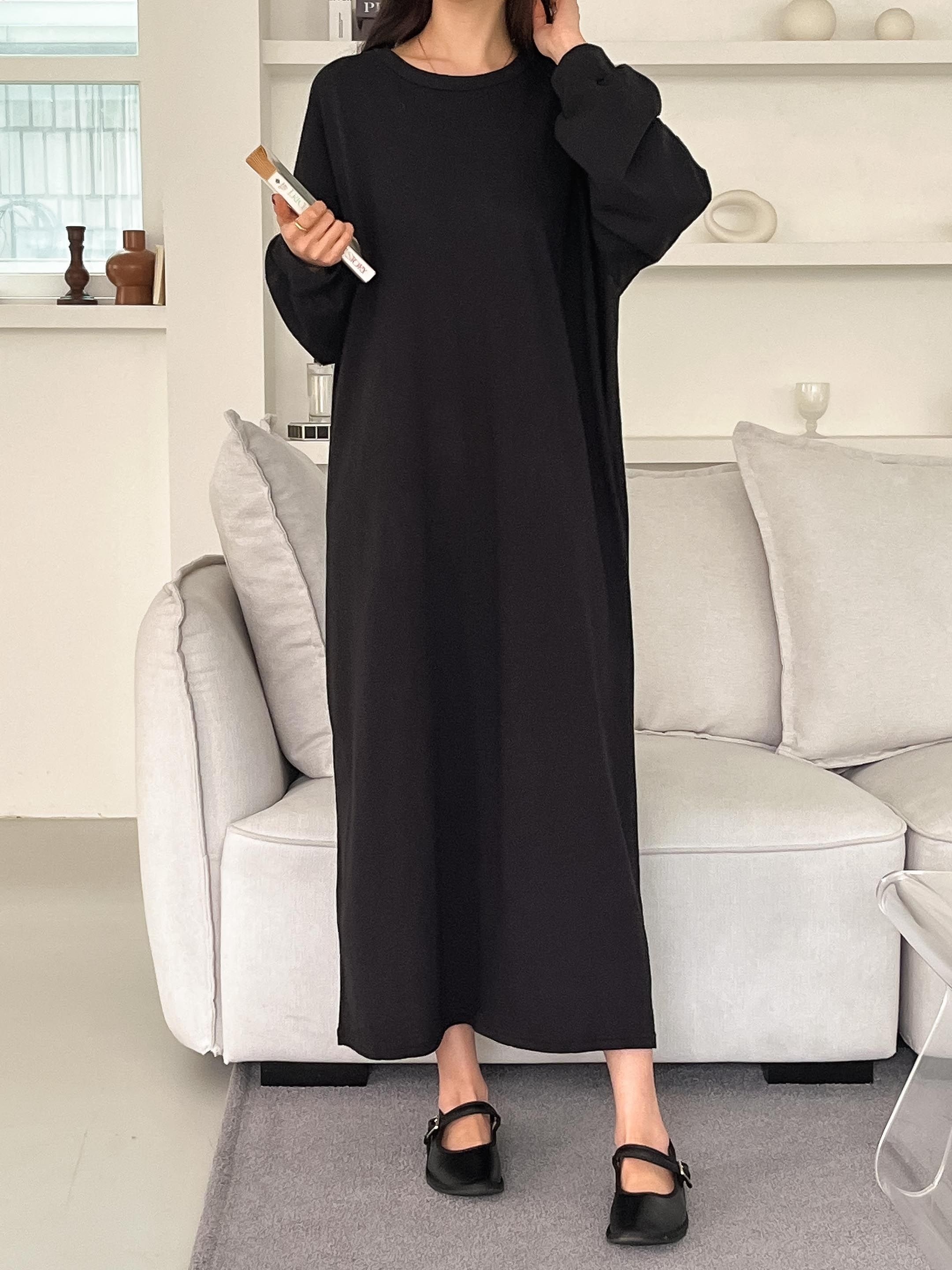 コットンラウンドネックベーシックロング長袖無地ワンピース | 詳細画像21