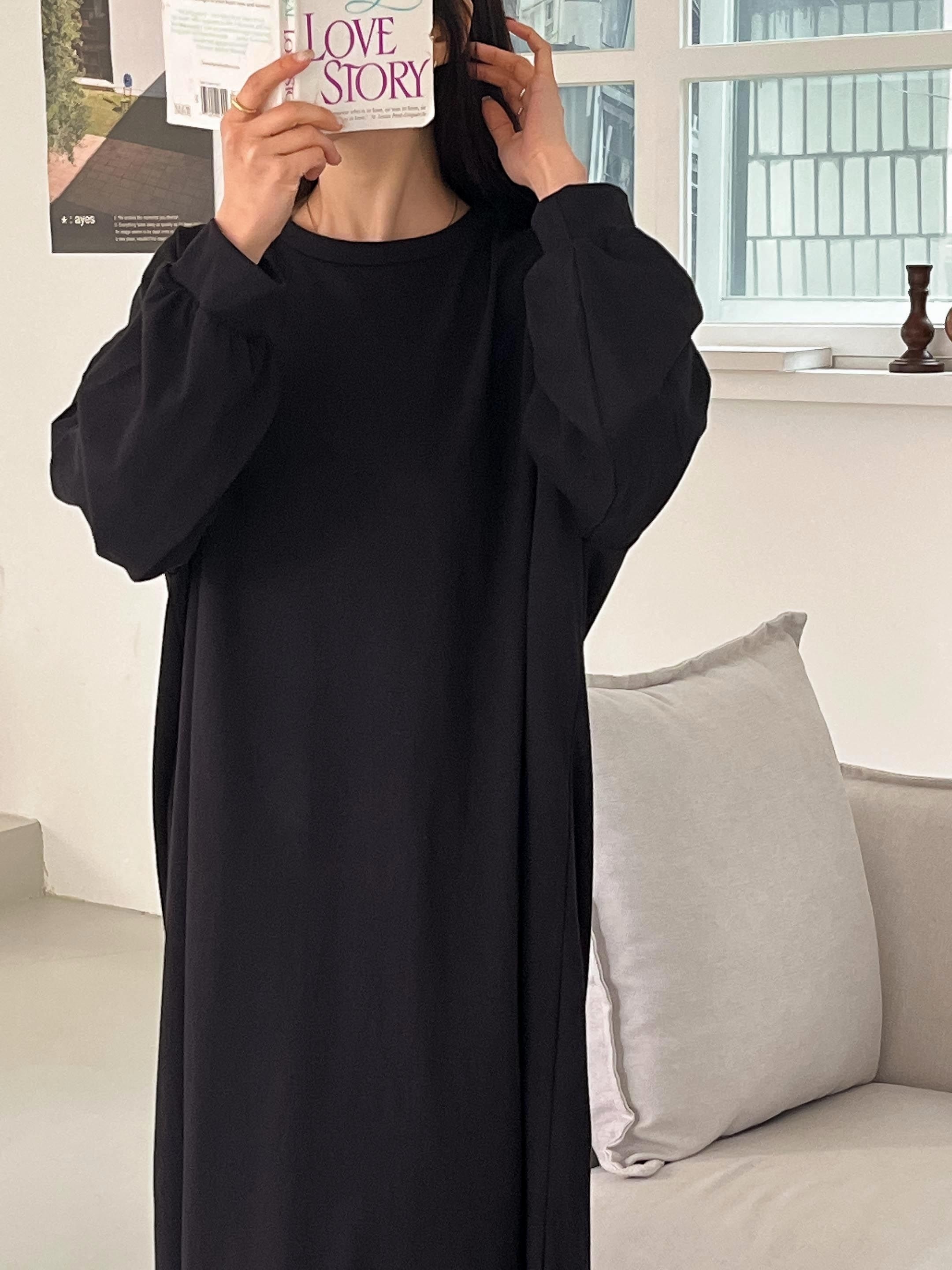 コットンラウンドネックベーシックロング長袖無地ワンピース | 詳細画像17