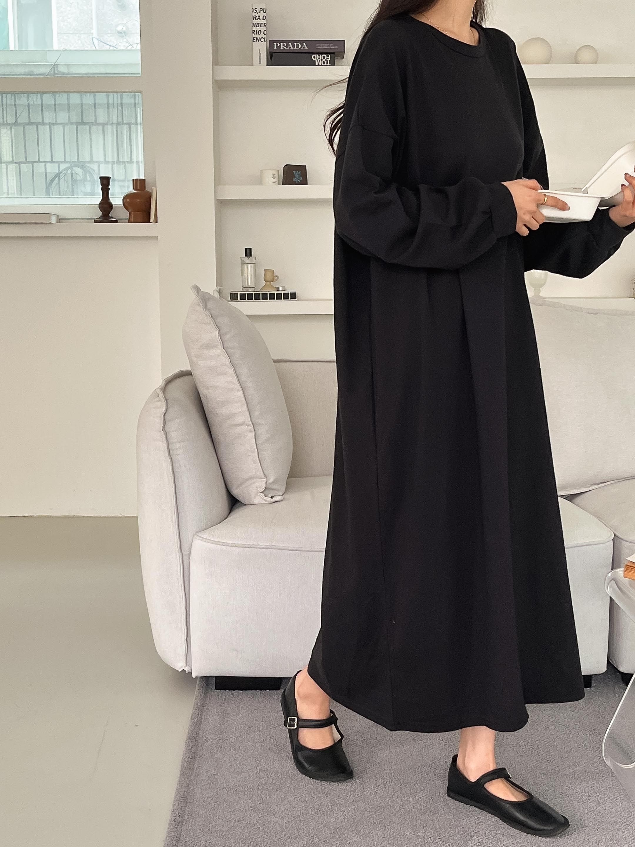 コットンラウンドネックベーシックロング長袖無地ワンピース | 詳細画像19