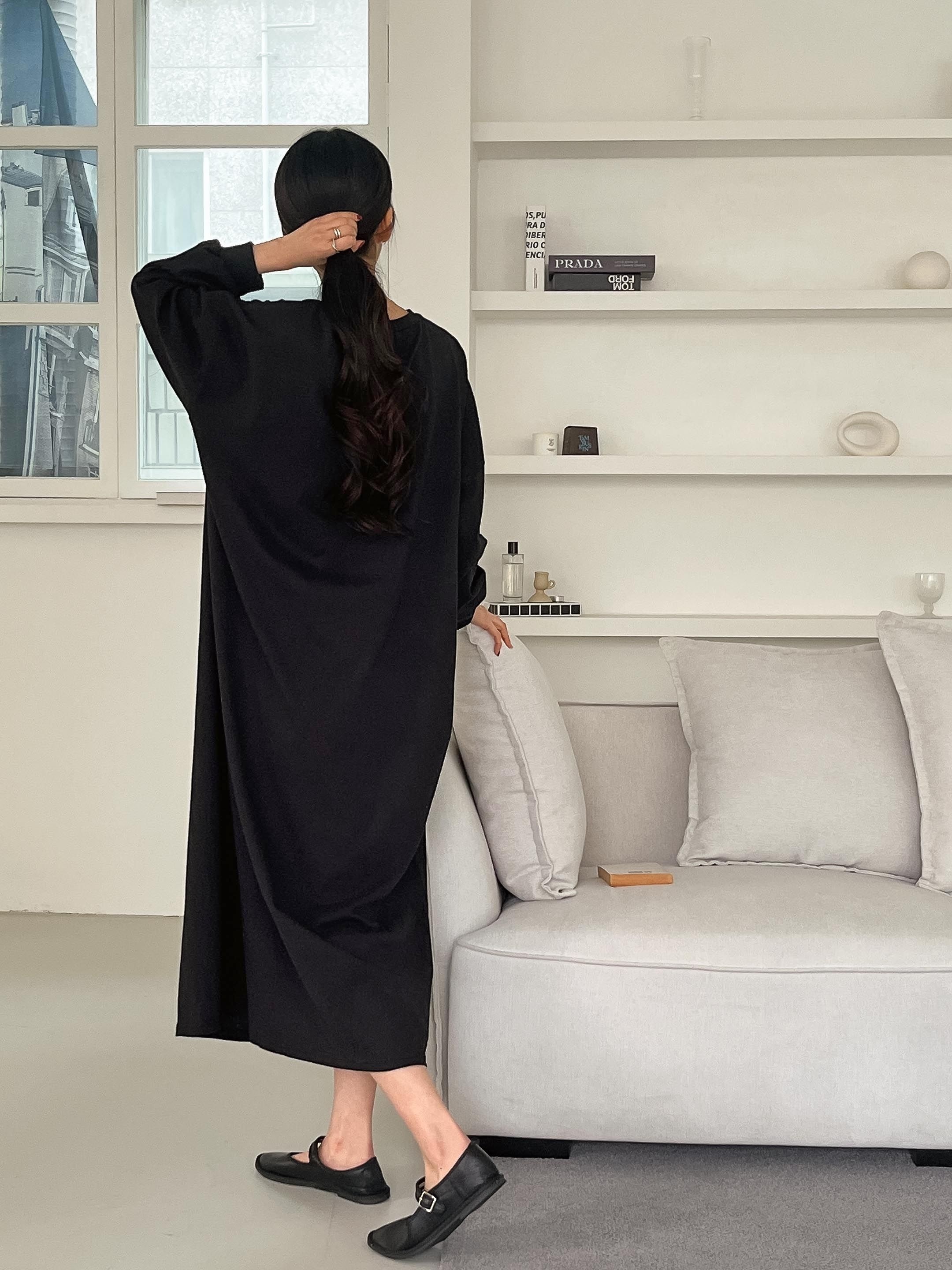 コットンラウンドネックベーシックロング長袖無地ワンピース | 詳細画像16