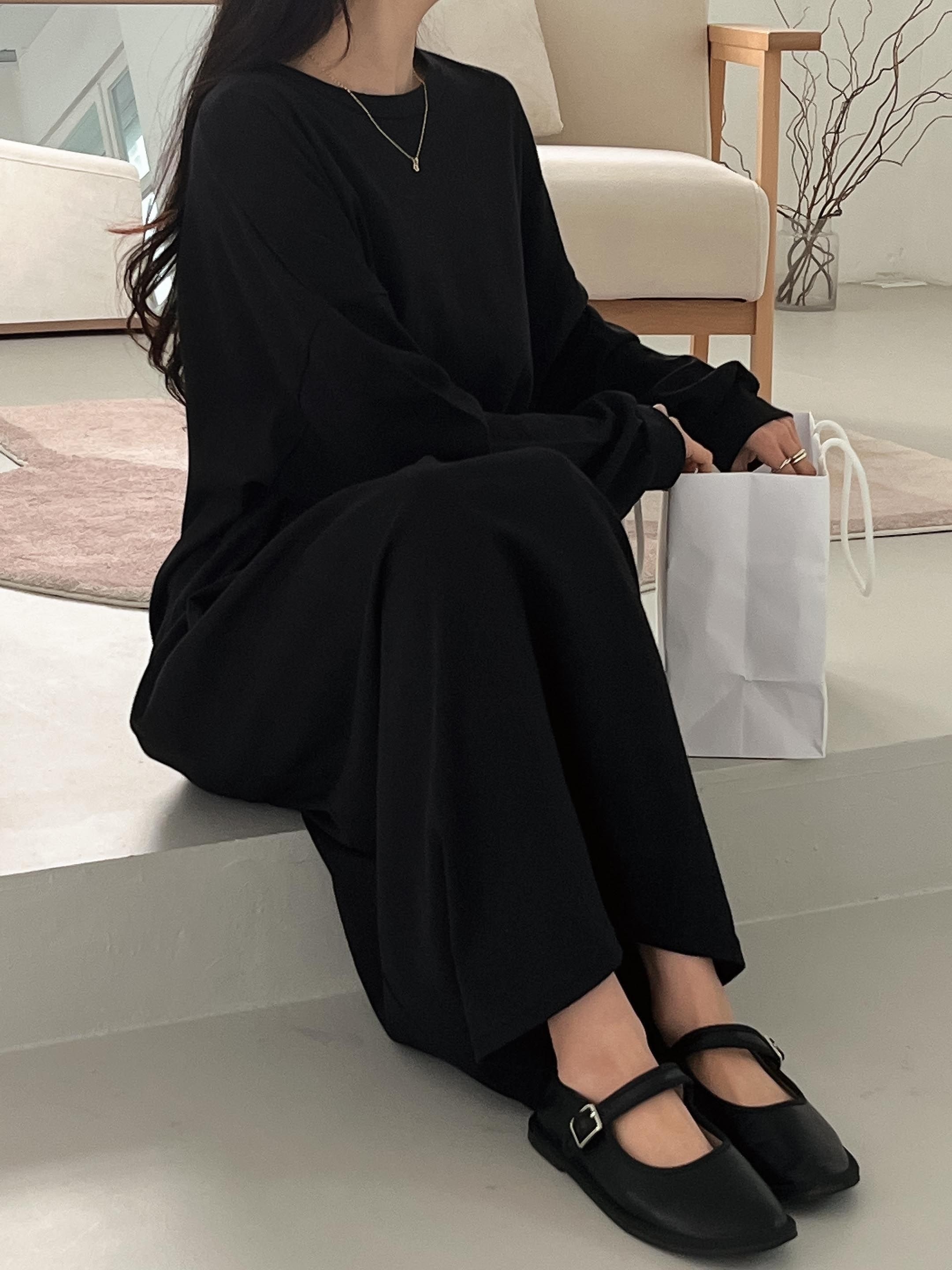 コットンラウンドネックベーシックロング長袖無地ワンピース | 詳細画像18