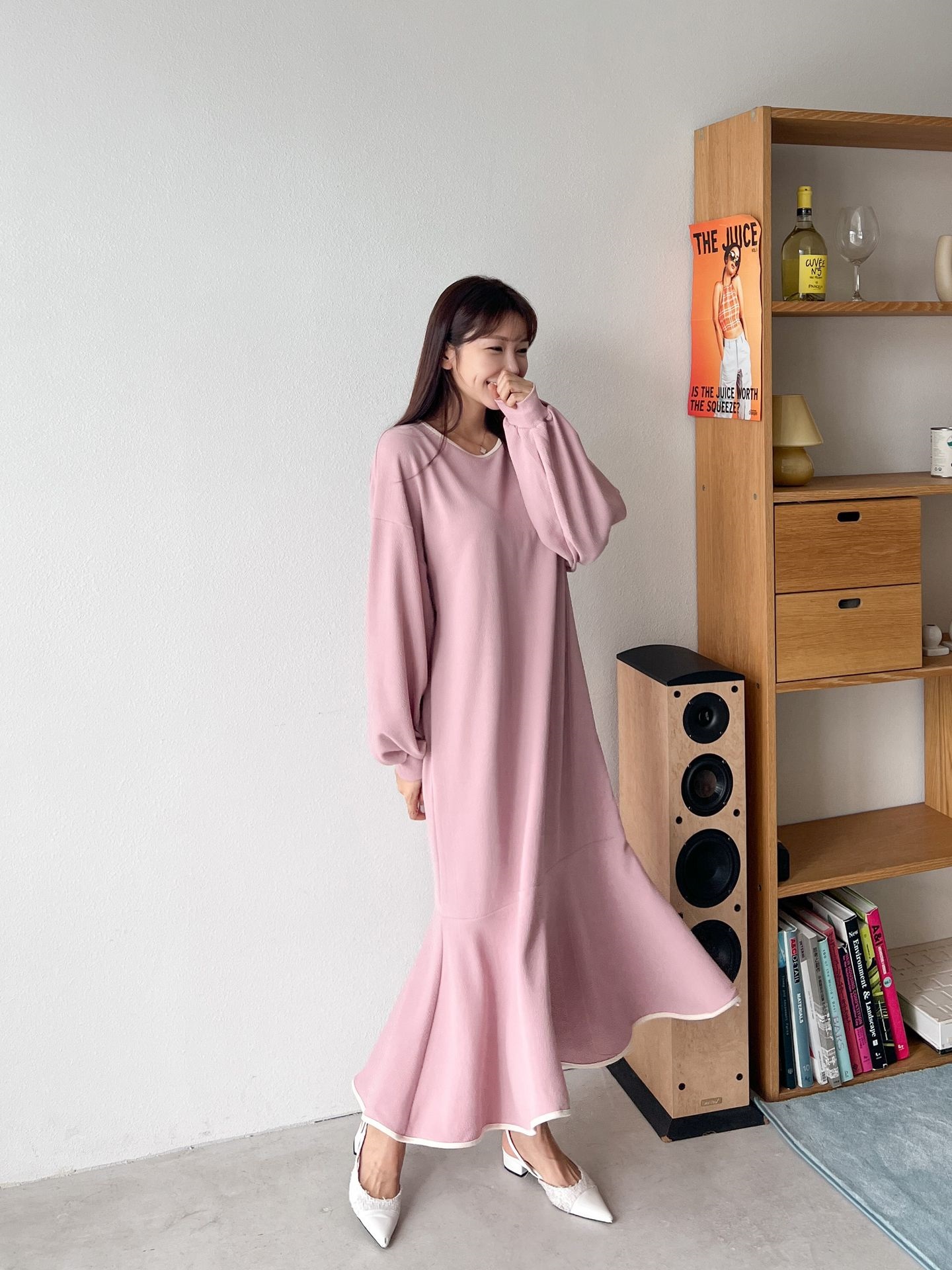 ラウンドネックバルーンロング長袖フレア配色ワンピース | 詳細画像4