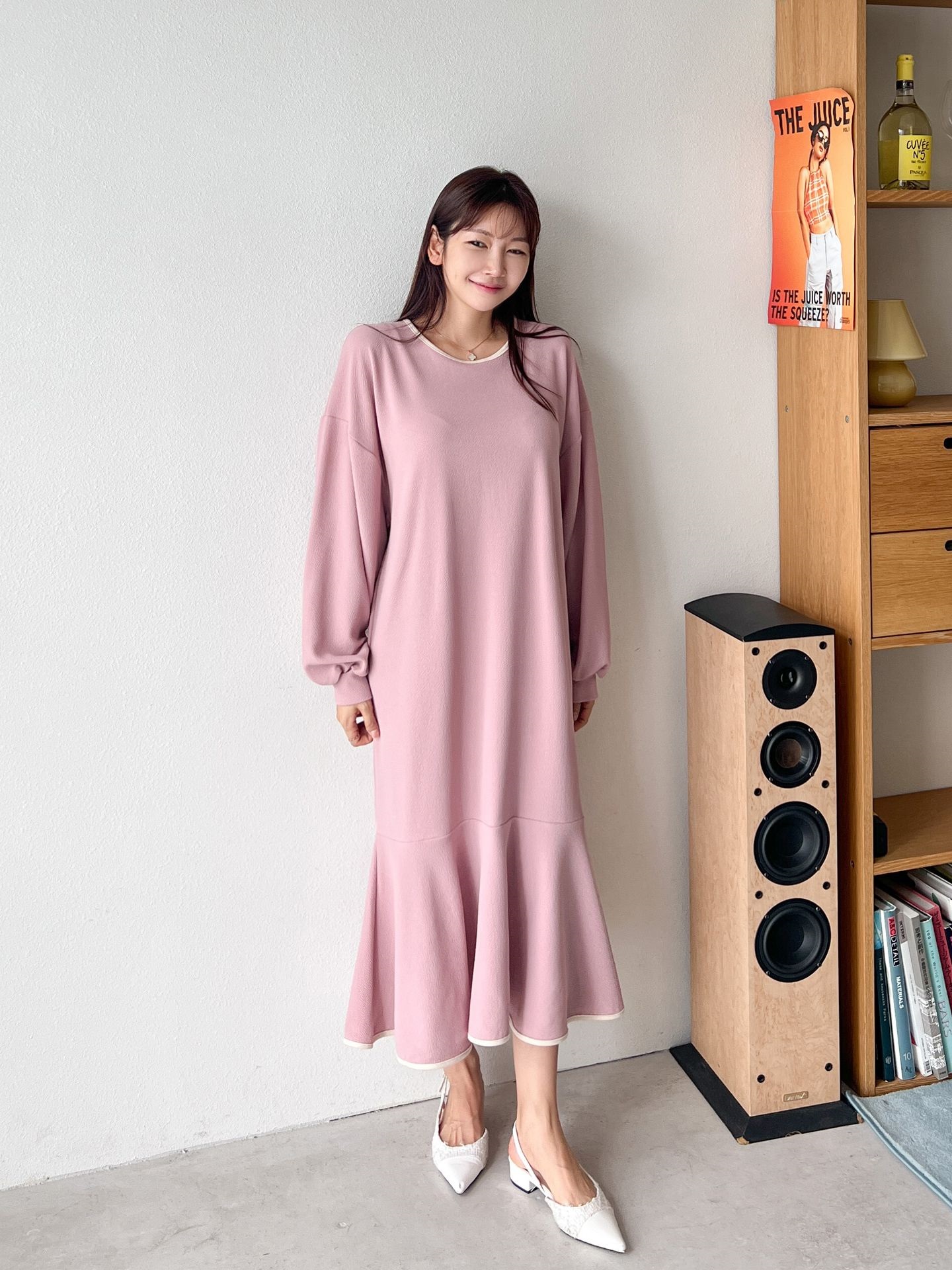 ラウンドネックバルーンロング長袖フレア配色ワンピース | 詳細画像5