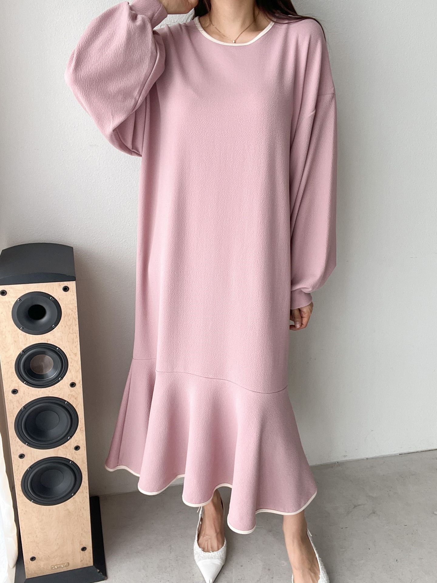 ラウンドネックバルーンロング長袖フレア配色ワンピース | 詳細画像6