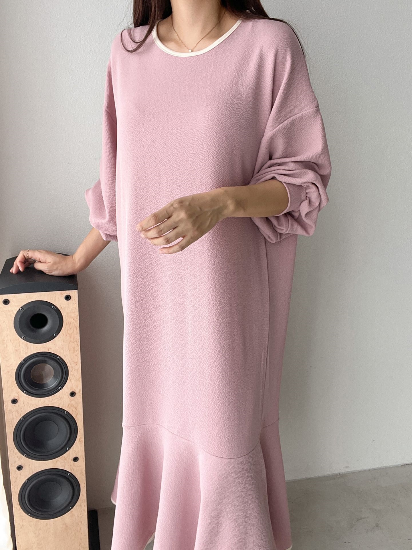 ラウンドネックバルーンロング長袖フレア配色ワンピース | 詳細画像7