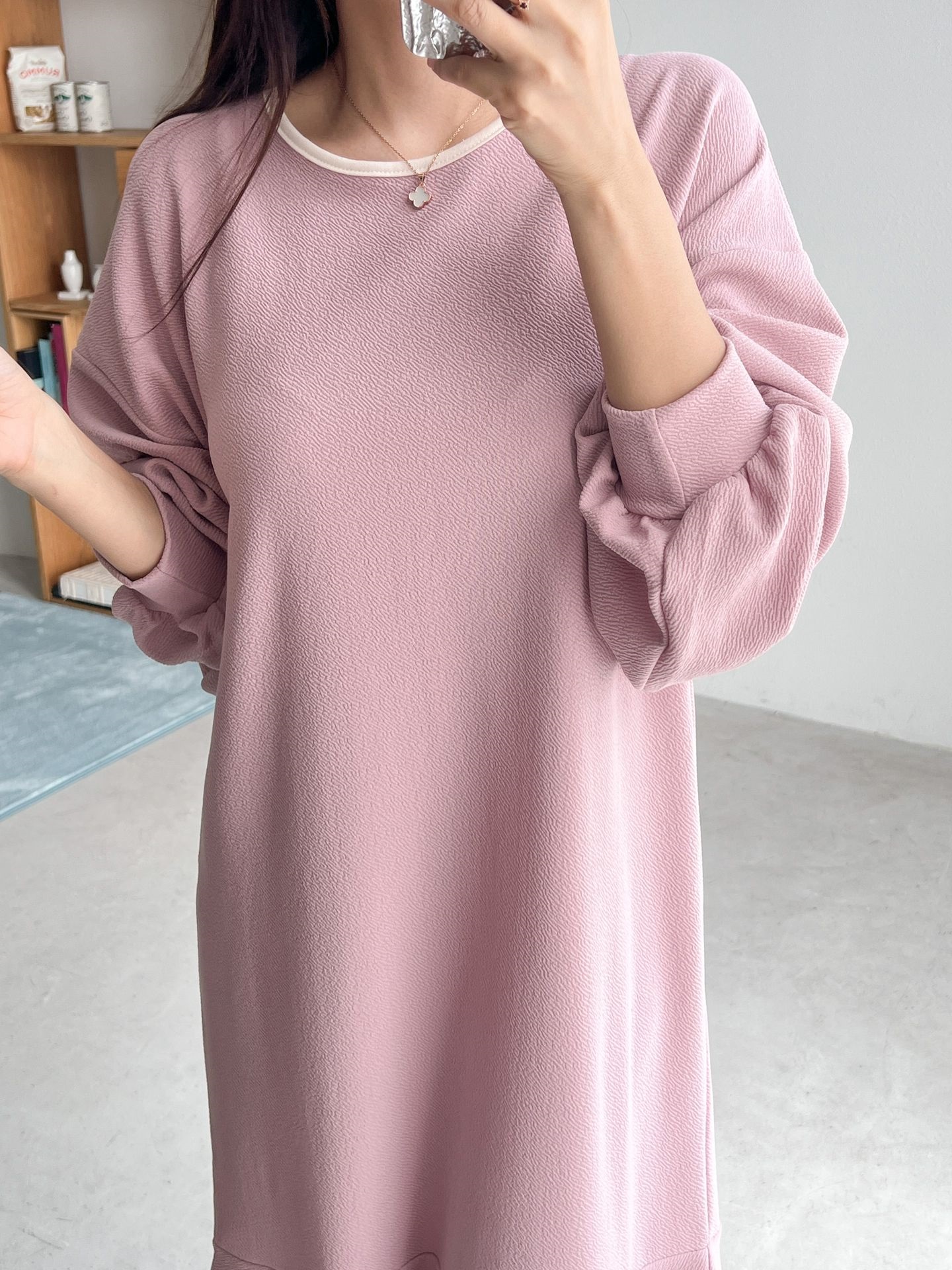 ラウンドネックバルーンロング長袖フレア配色ワンピース | 詳細画像8