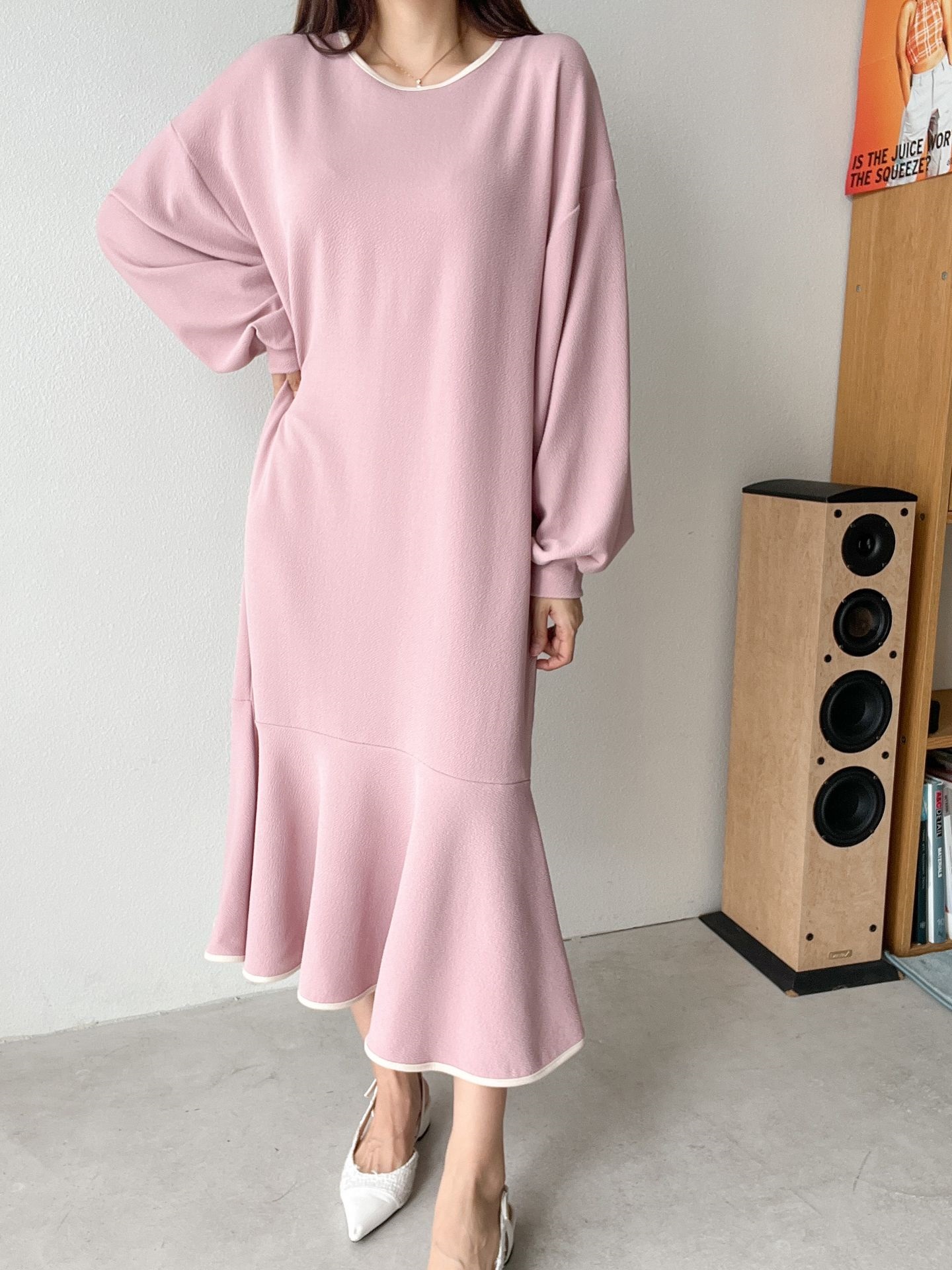 ラウンドネックバルーンロング長袖フレア配色ワンピース | 詳細画像12