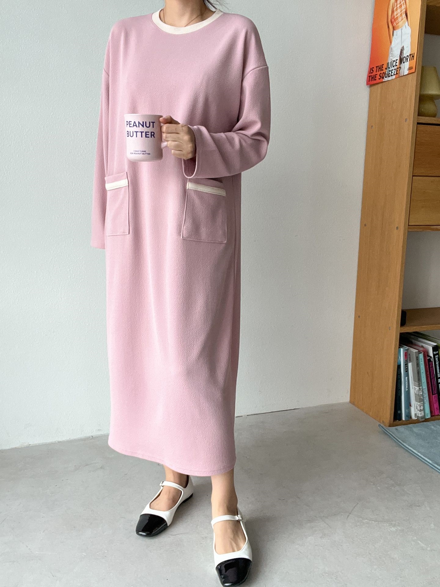 ラウンドネックポケットロング長袖配色ワンピース | 詳細画像20