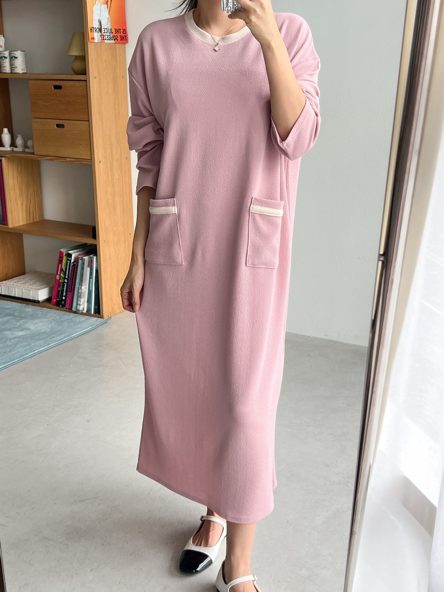 ラウンドネックポケットロング長袖配色ワンピース | 詳細画像10