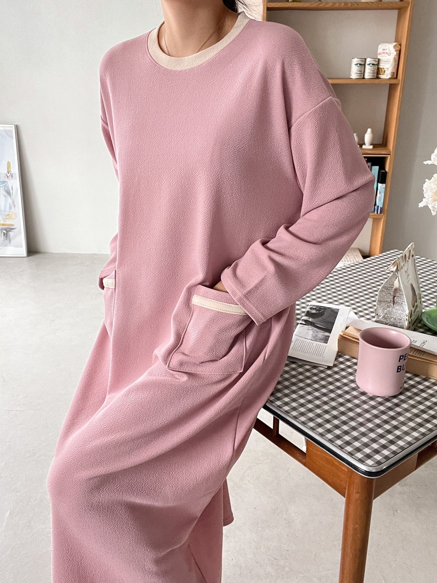 ラウンドネックポケットロング長袖配色ワンピース | 詳細画像13