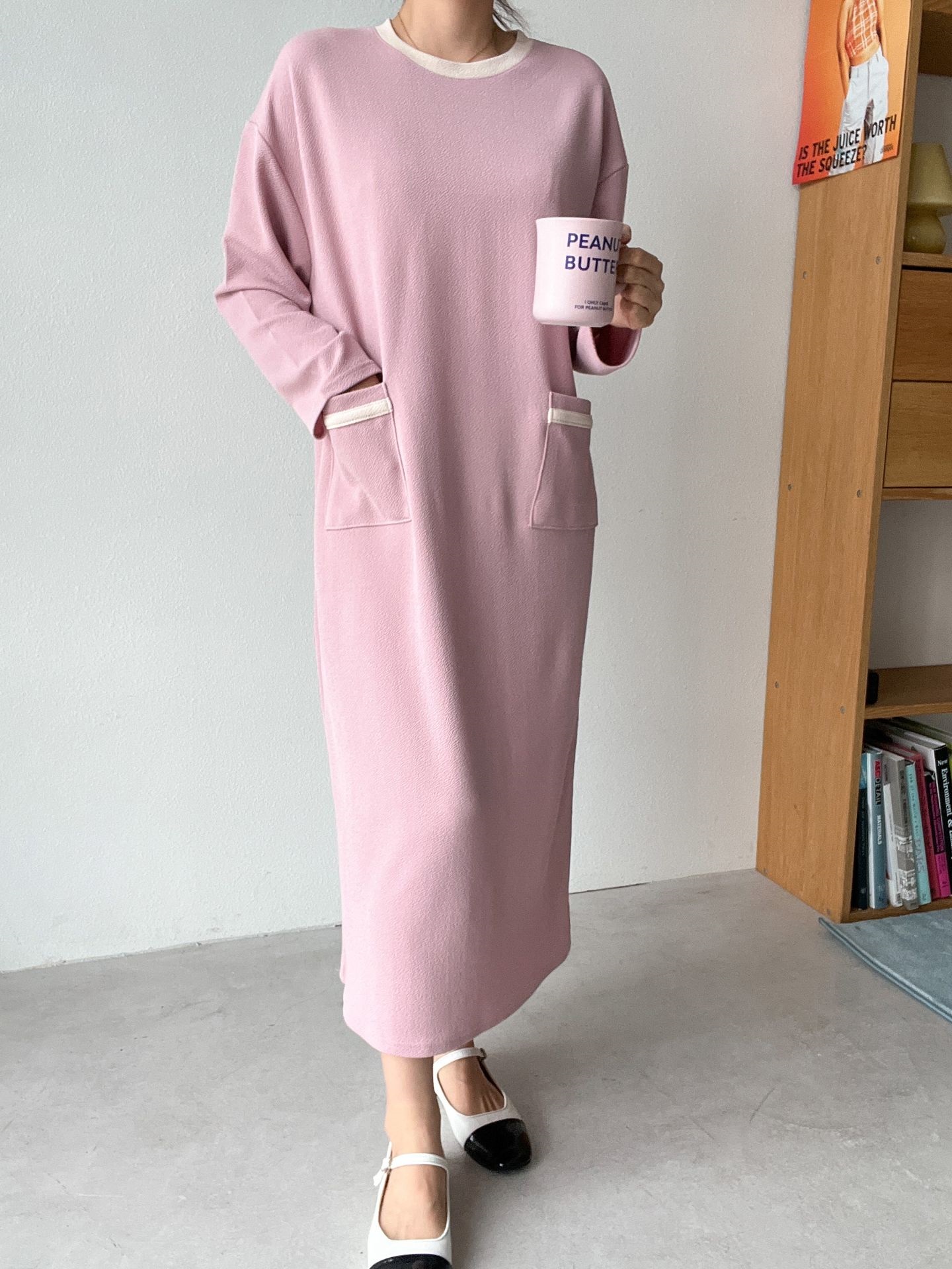 ラウンドネックポケットロング長袖配色ワンピース | 詳細画像17