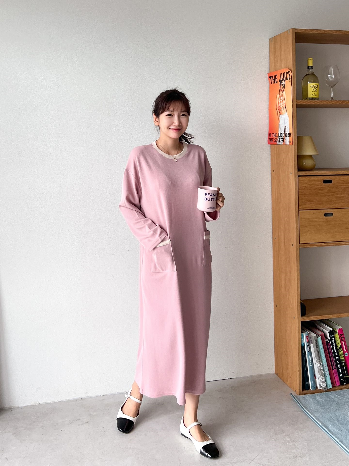 ラウンドネックポケットロング長袖配色ワンピース | 詳細画像4