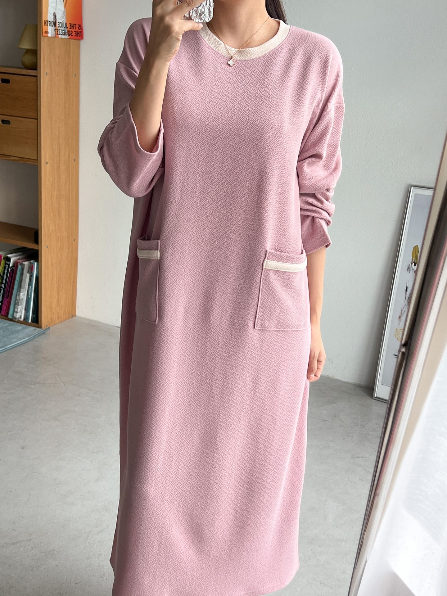 ラウンドネックポケットロング長袖配色ワンピース | 詳細画像8