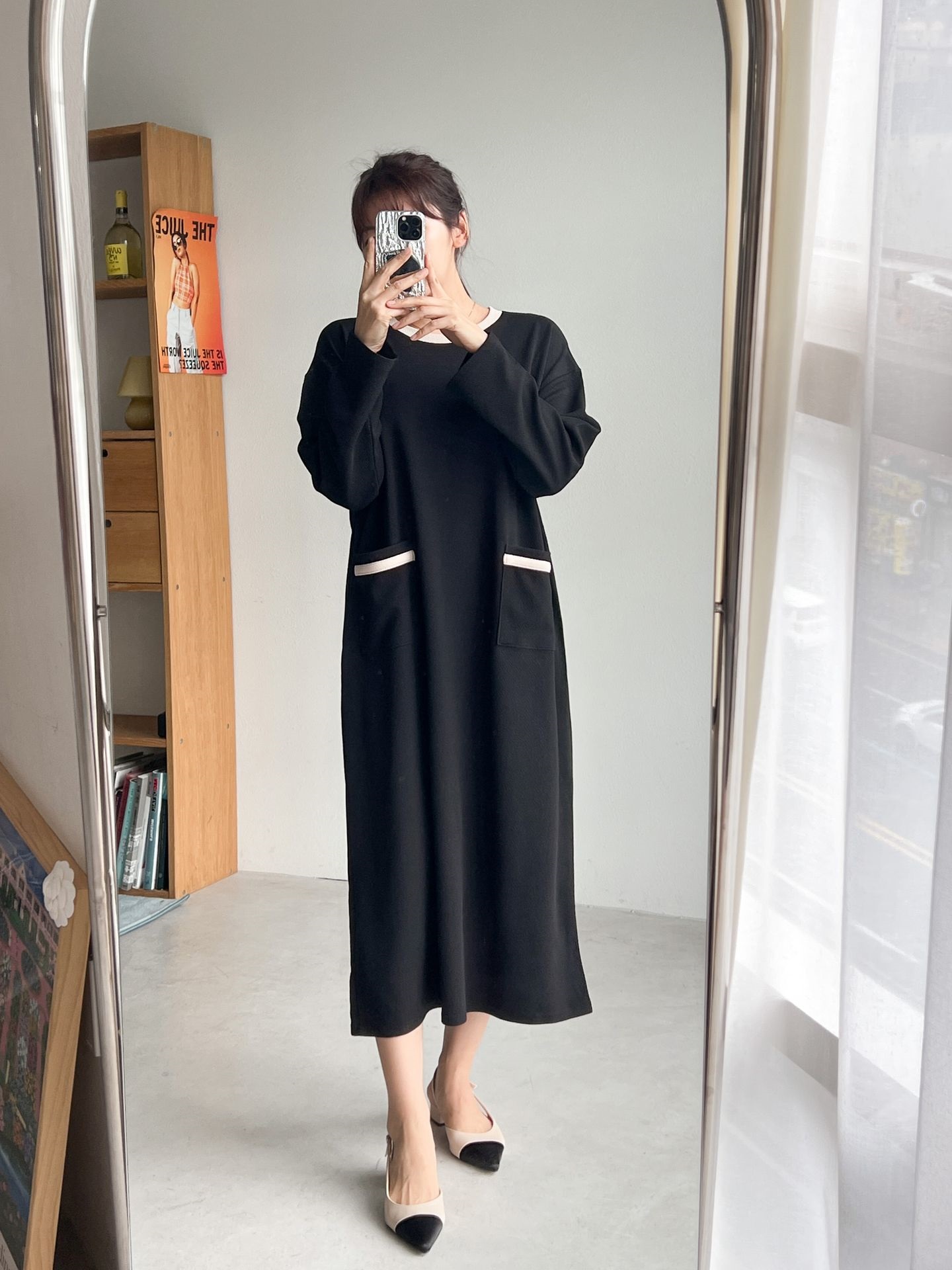 ラウンドネックポケットロング長袖配色ワンピース | 詳細画像5