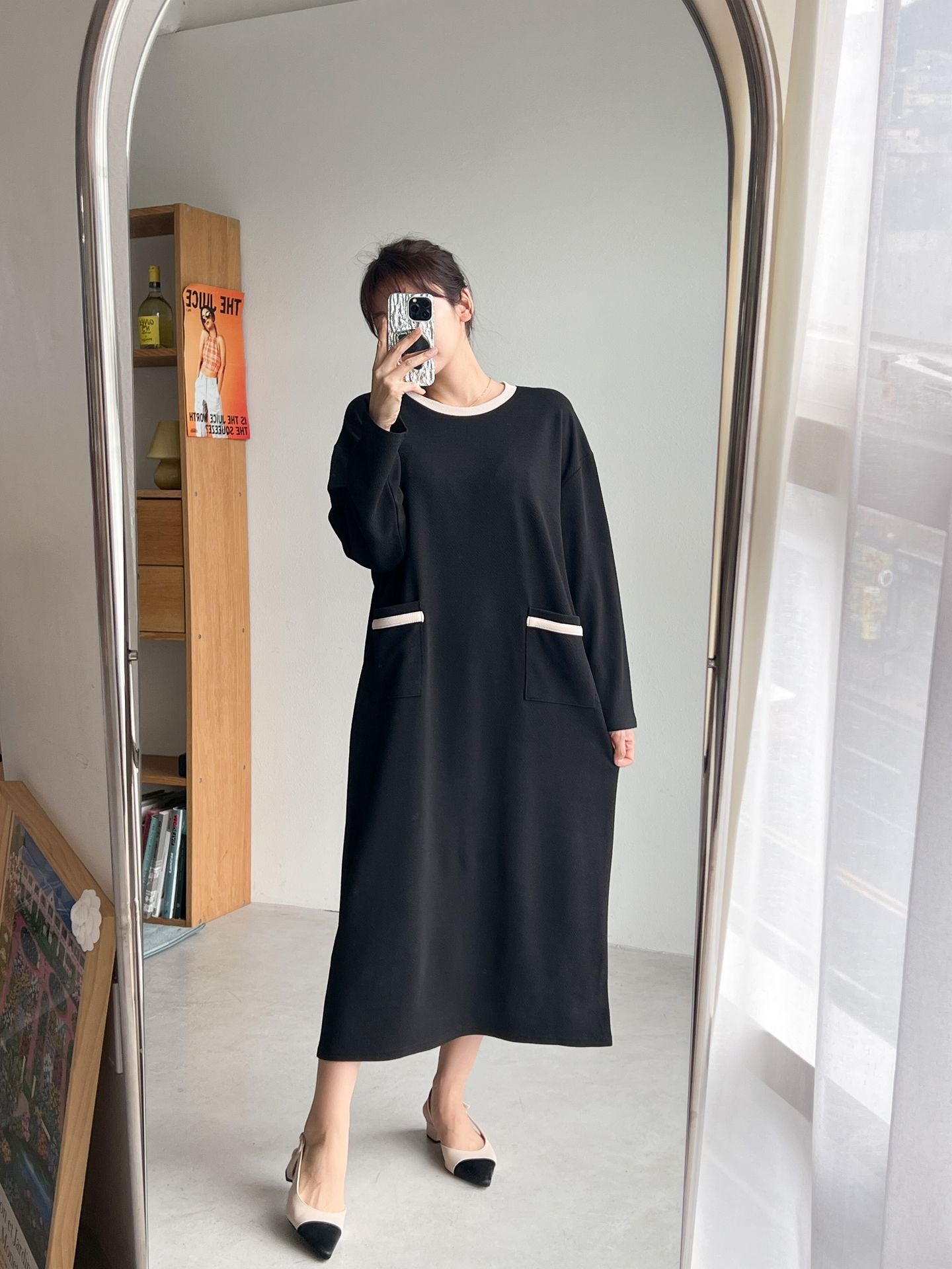 ラウンドネックポケットロング長袖配色ワンピース | 詳細画像7