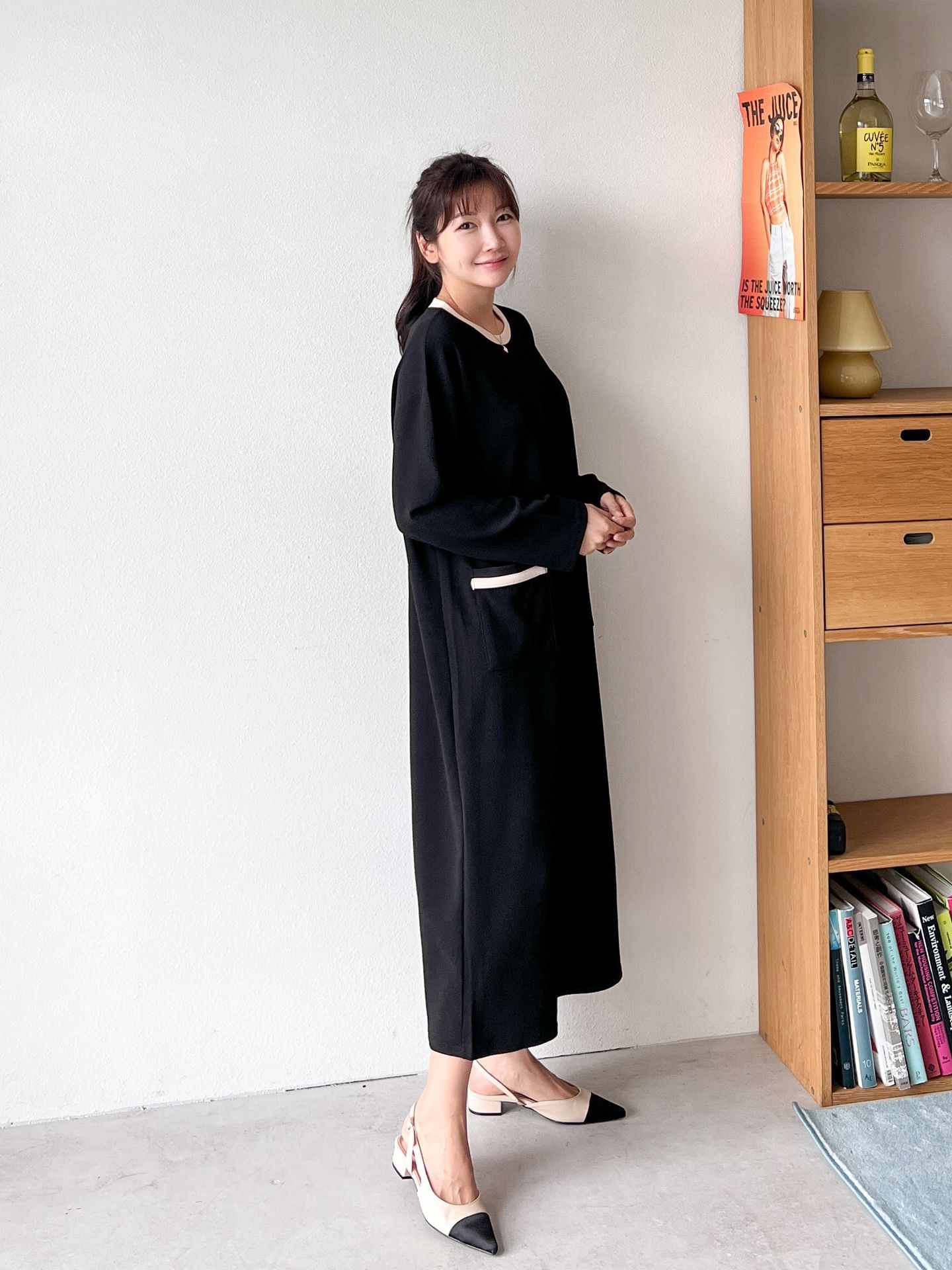 ラウンドネックポケットロング長袖配色ワンピース | 詳細画像9