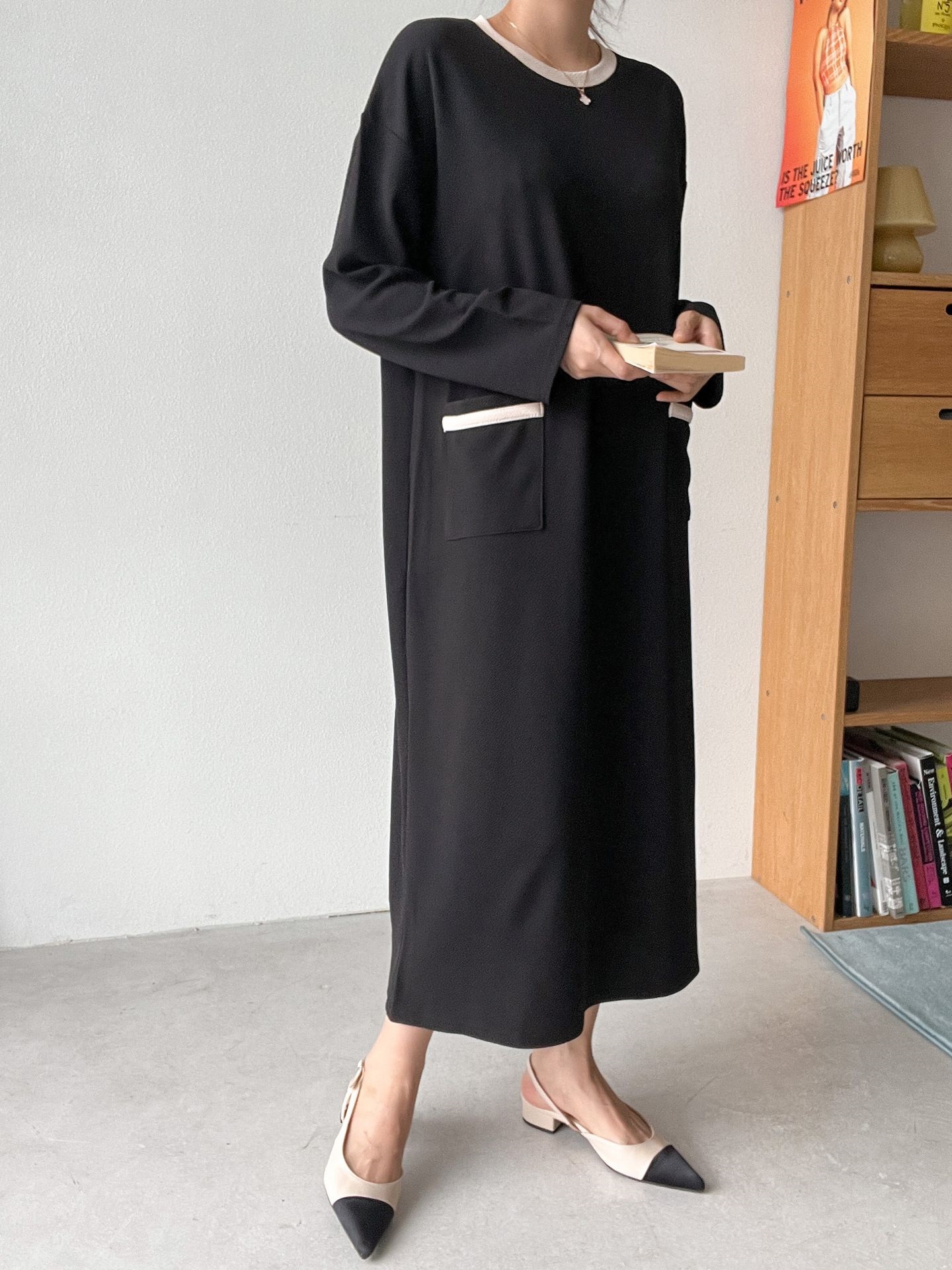 ラウンドネックポケットロング長袖配色ワンピース | 詳細画像12