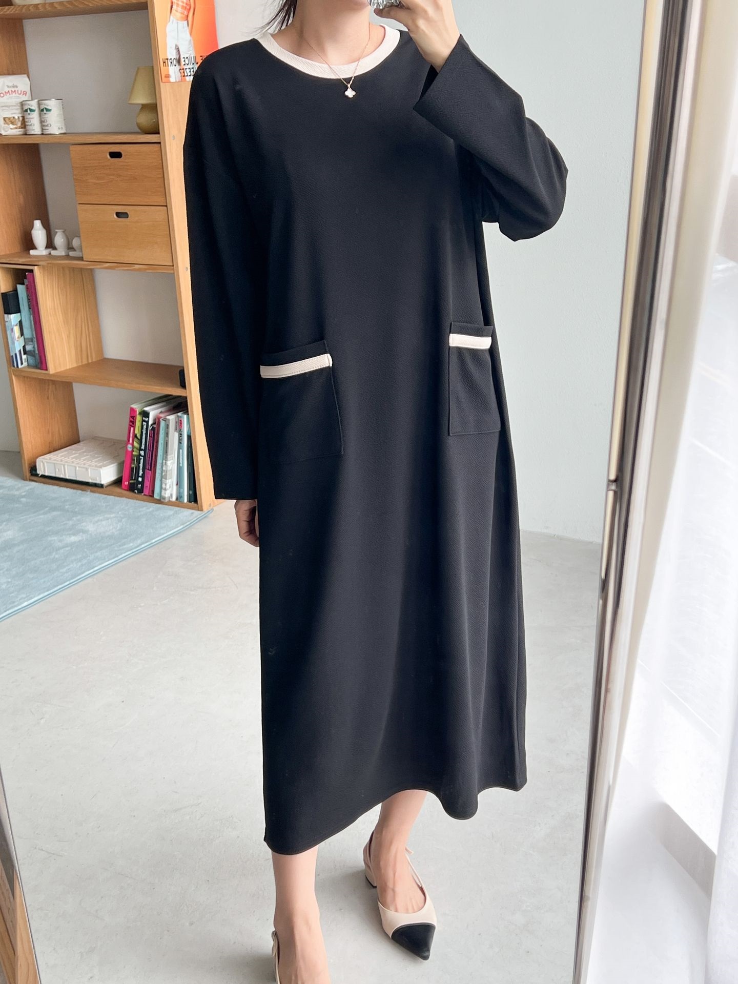ラウンドネックポケットロング長袖配色ワンピース | 詳細画像14