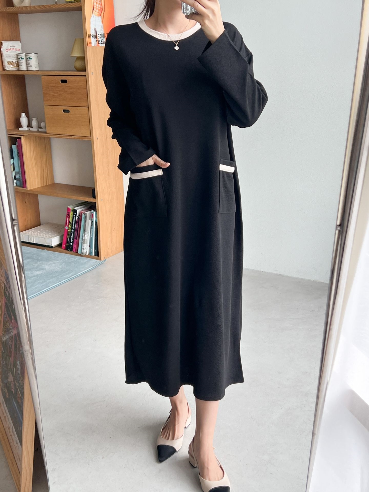 ラウンドネックポケットロング長袖配色ワンピース | 詳細画像15