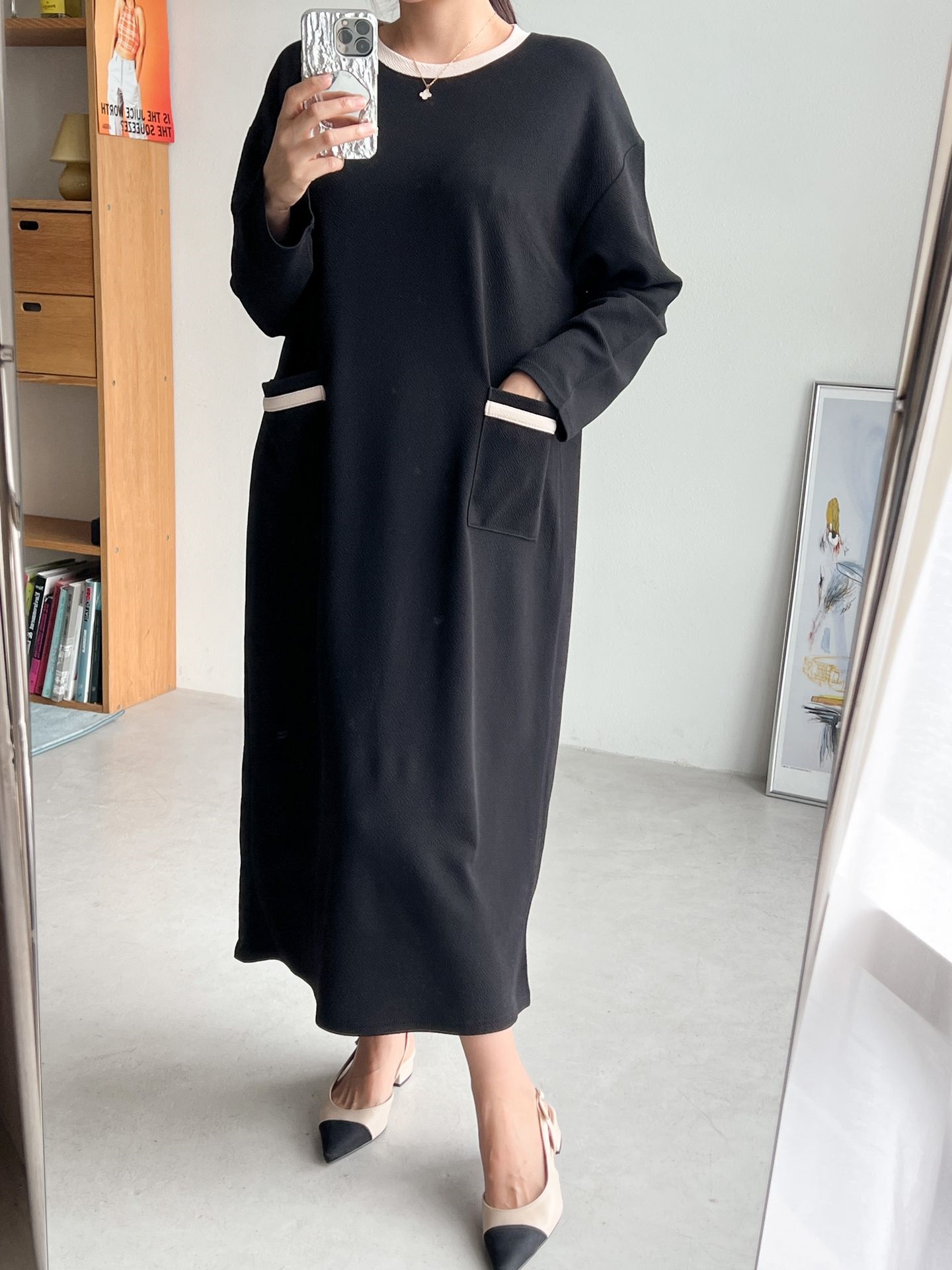 ラウンドネックポケットロング長袖配色ワンピース | 詳細画像18