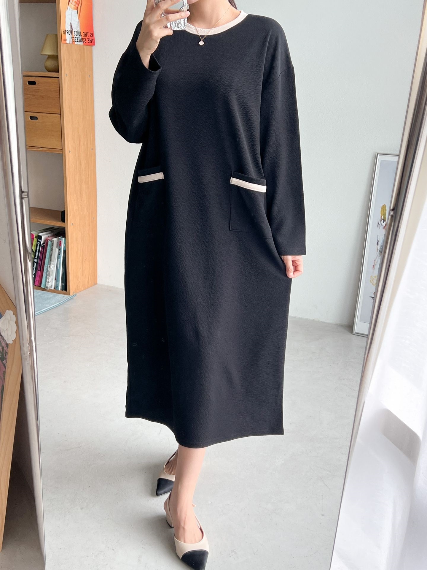 ラウンドネックポケットロング長袖配色ワンピース | 詳細画像19