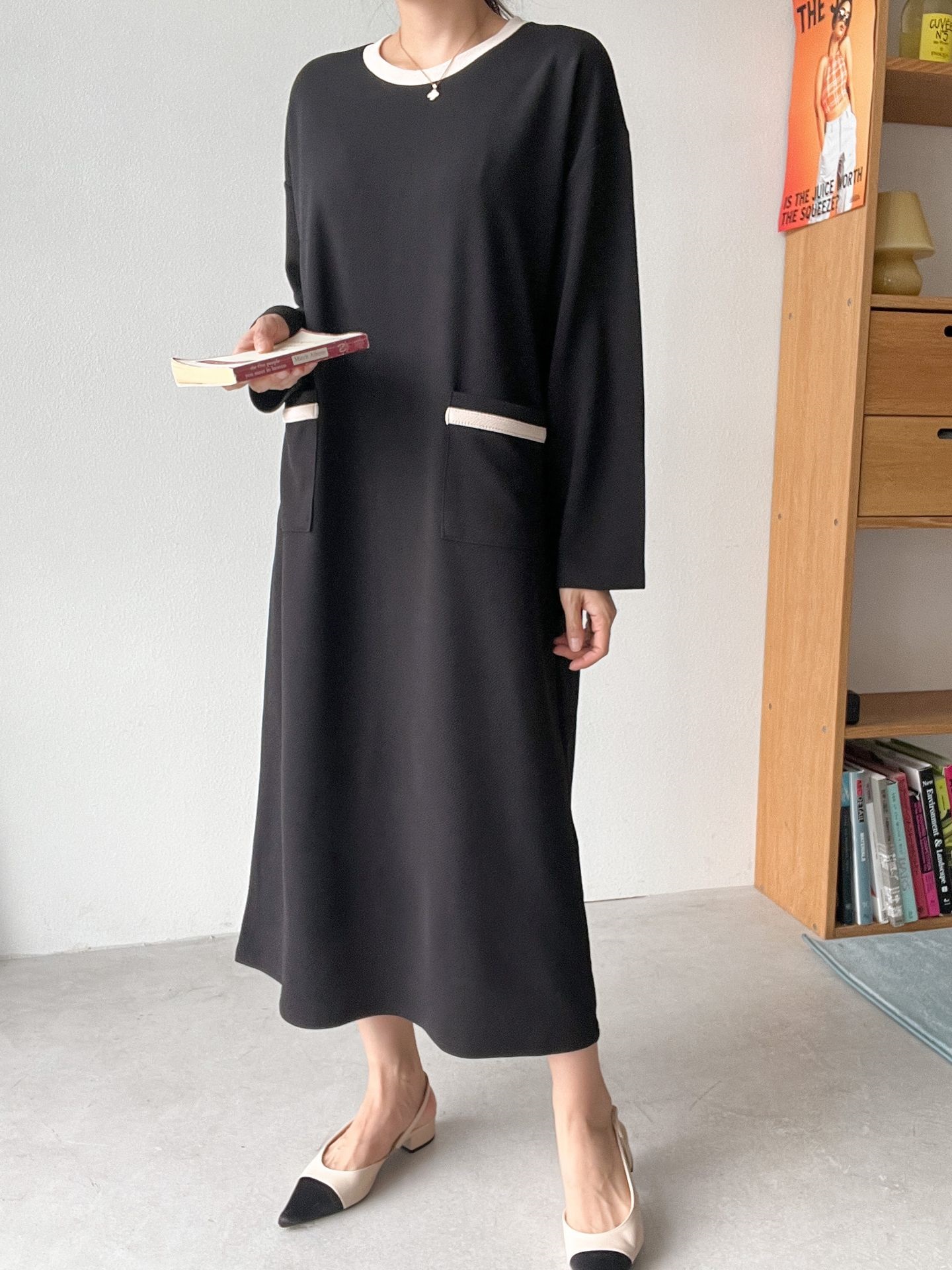 ラウンドネックポケットロング長袖配色ワンピース | 詳細画像24