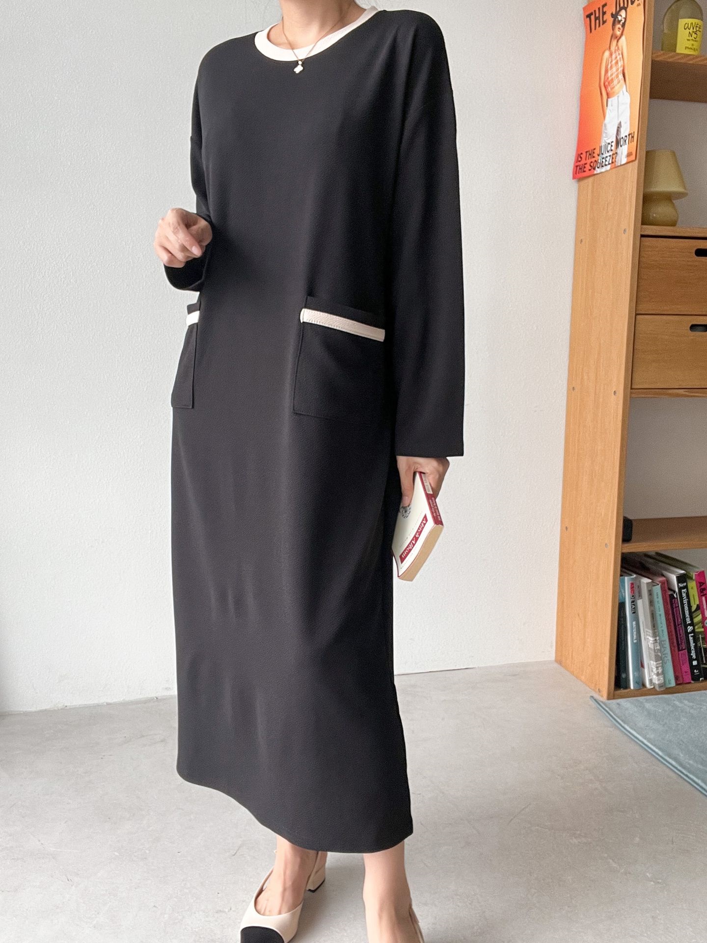 ラウンドネックポケットロング長袖配色ワンピース | 詳細画像25