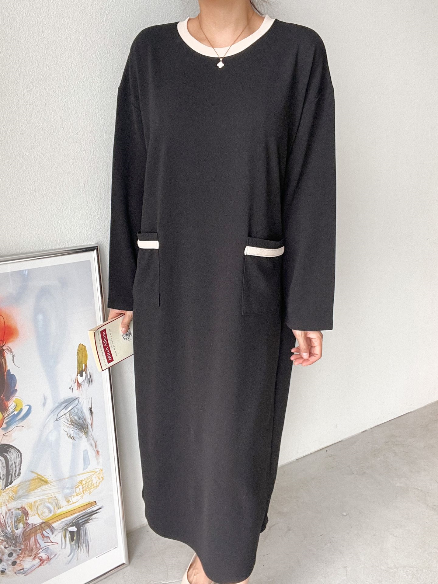 ラウンドネックポケットロング長袖配色ワンピース | 詳細画像26